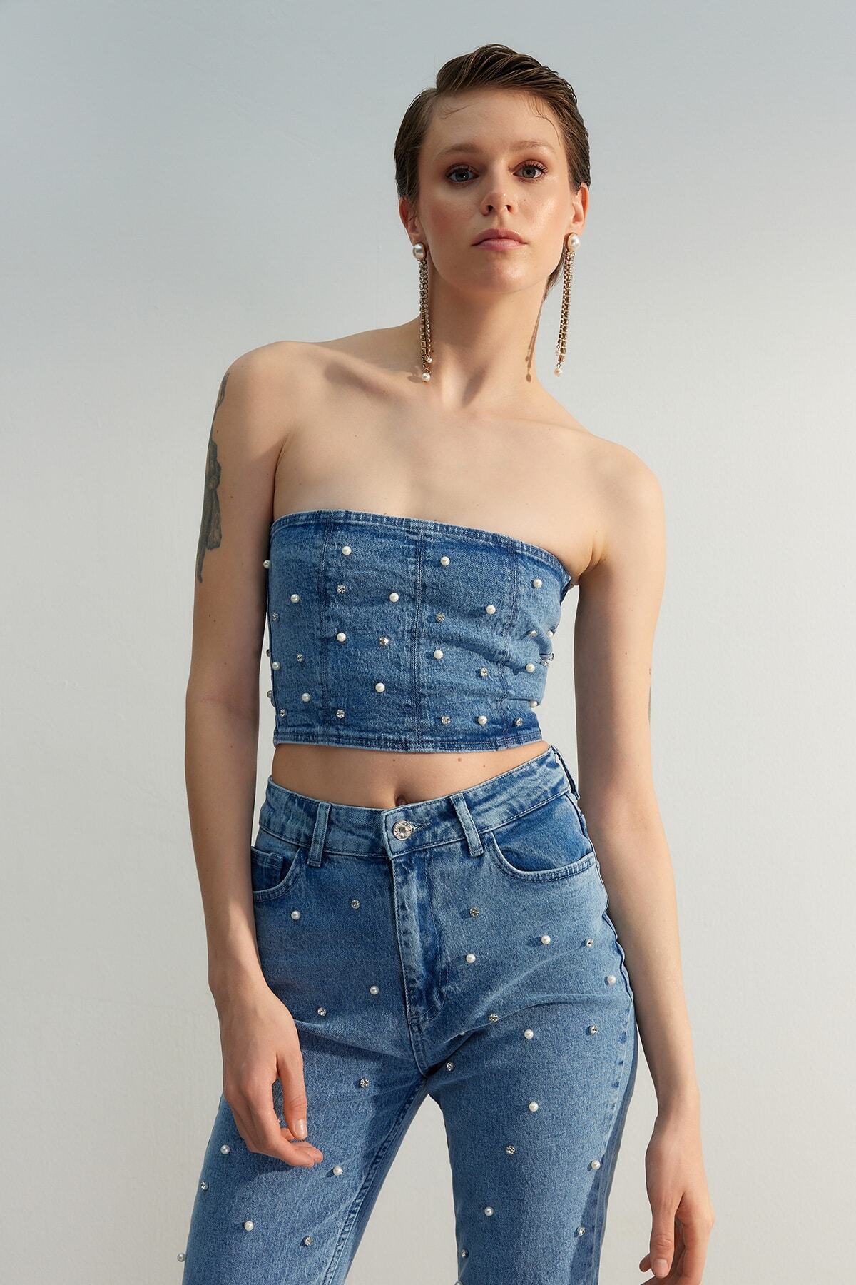 Trendyol Collection Gorset dżinsowy z limitowanej edycji w kolorze niebiesko-perłowym TWOSS23BS00018