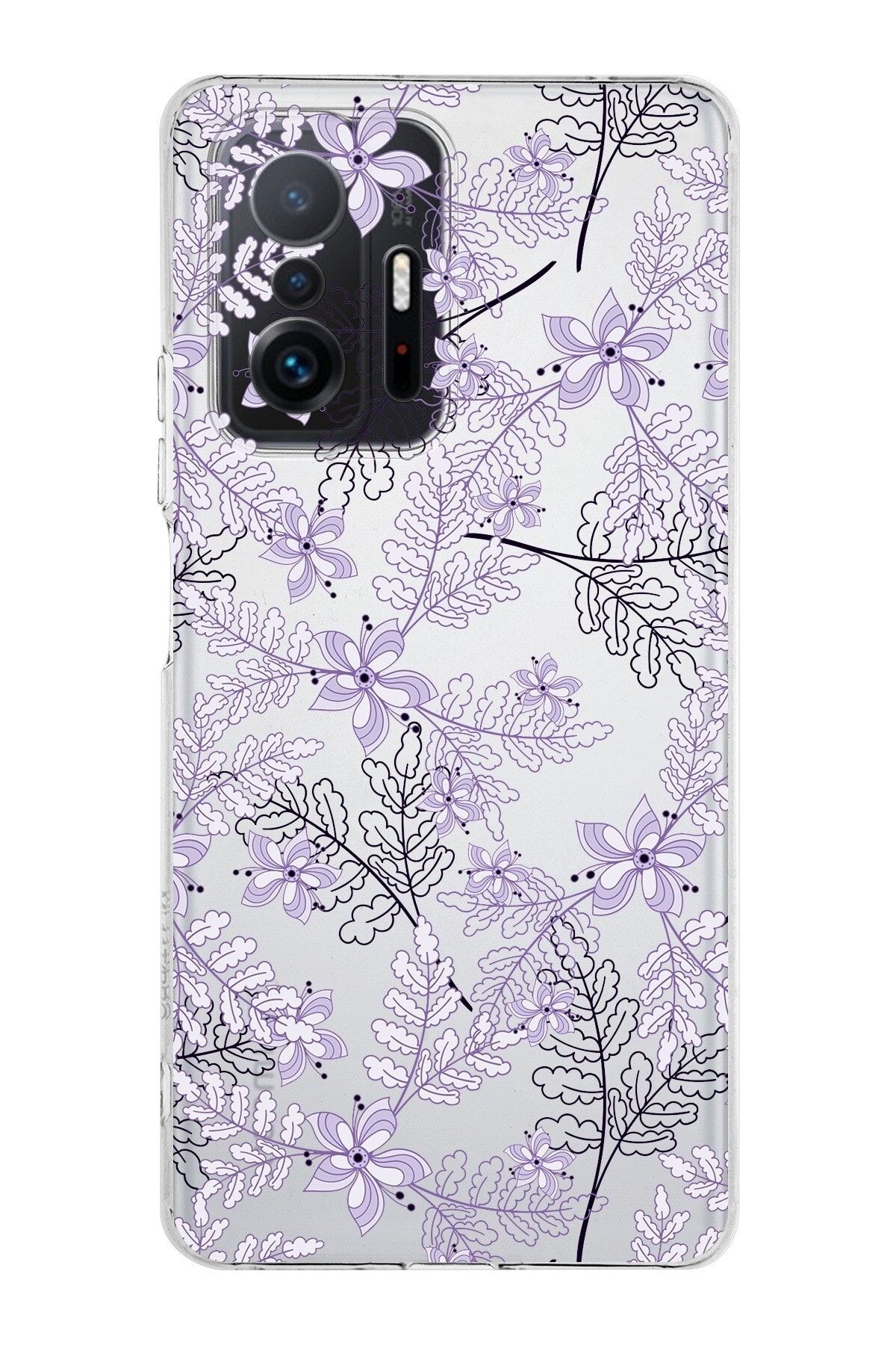 Xiaomi Mi 11t Pro Kamera Korumalı Kapak Floral Lila Tasarımlı Şeffaf Kılıf