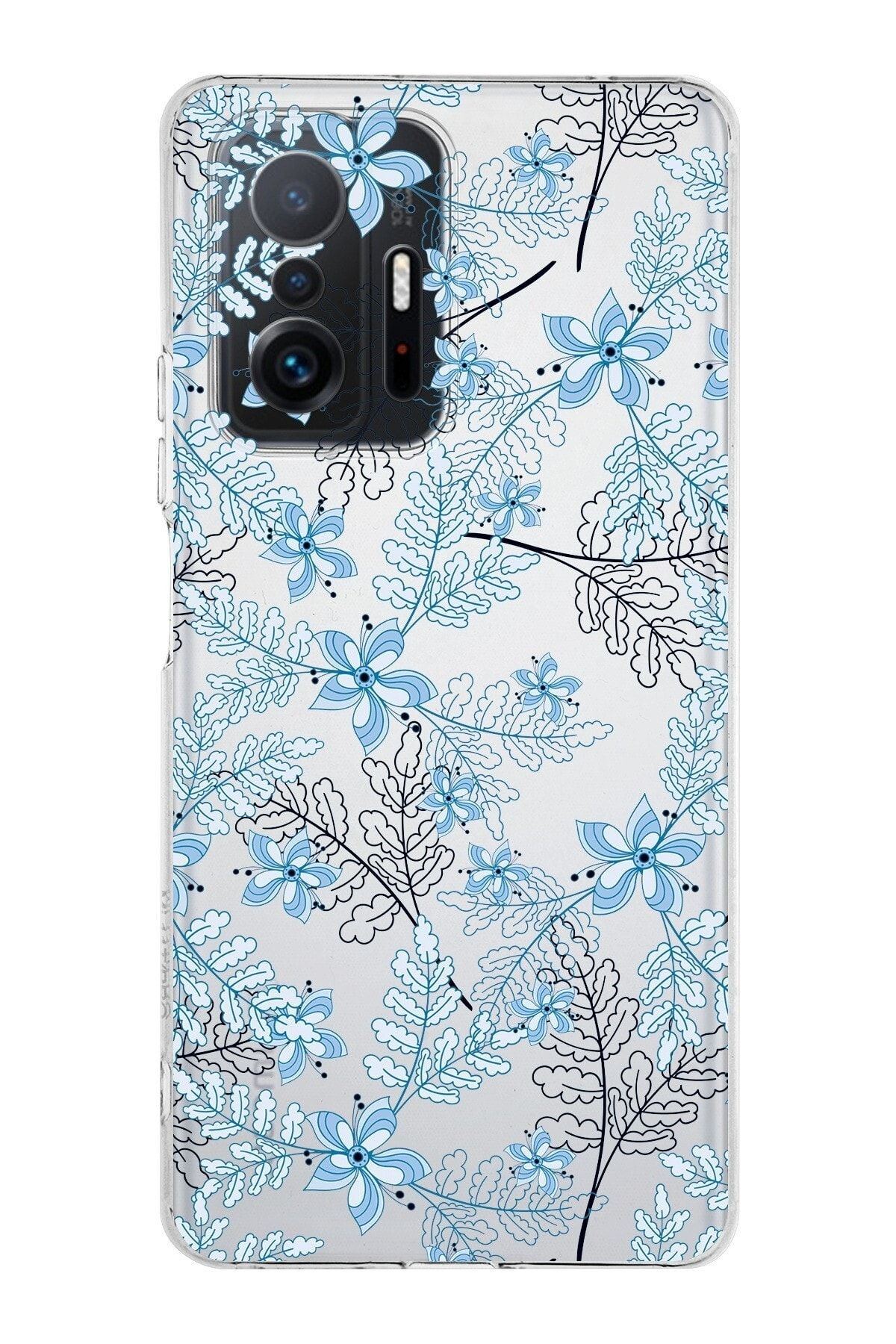 Xiaomi Mi 11t Pro Kamera Korumalı Kapak Floral Mavi Tasarımlı Şeffaf Kılıf