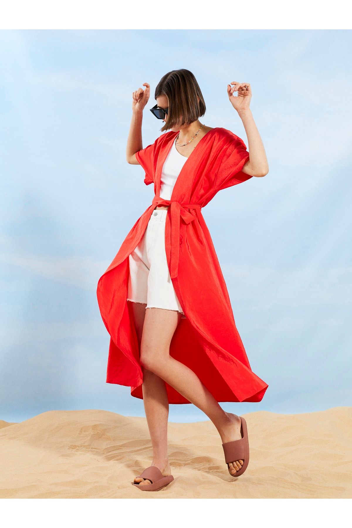 Şal Yaka Düz Kısa Kollu Poplin Kadın Kimono