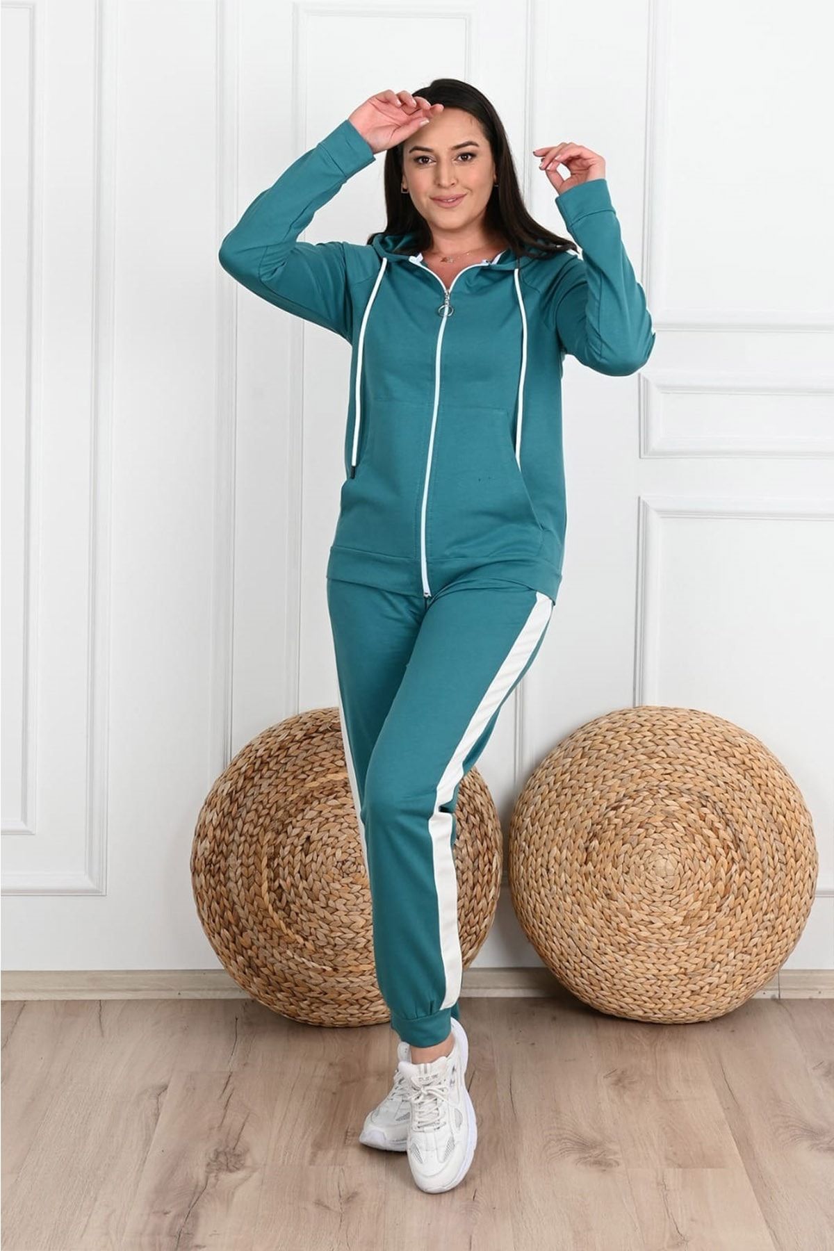Koza Butik Plus Size Sweatsuit Set Blue Trendyol