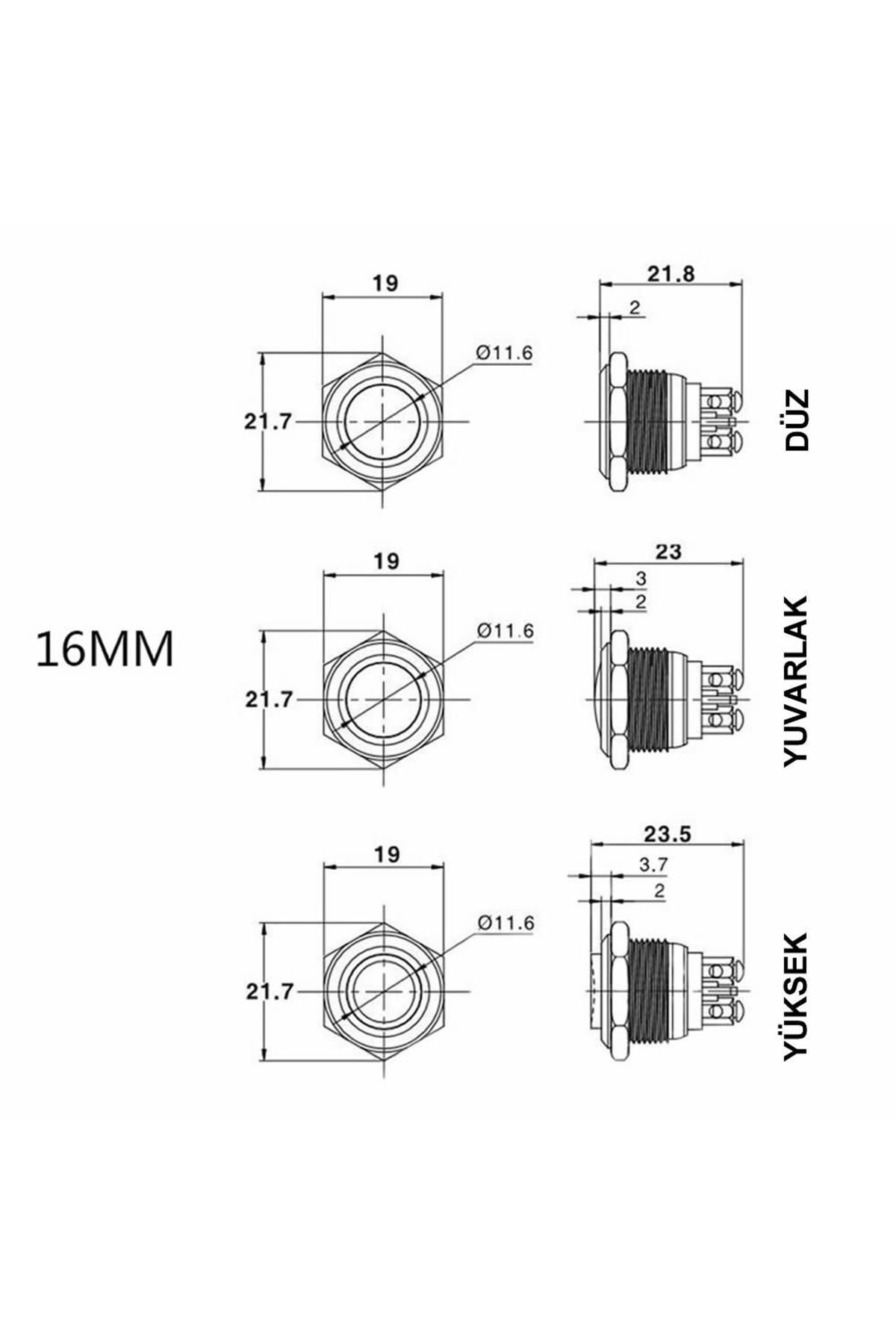 16mm Metal Panel Montaj Yüksek Kafa Push Buton No Dc 6a 12v Ac 3a 250v Ip67 Su Geçirmez Düğme 5