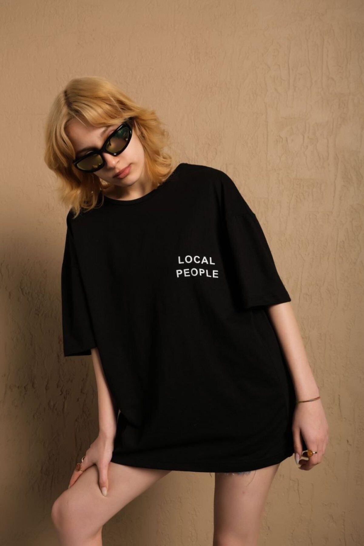 Local People Baskılı Oversize %100 Pamuk Unisex Siyah T-shirt