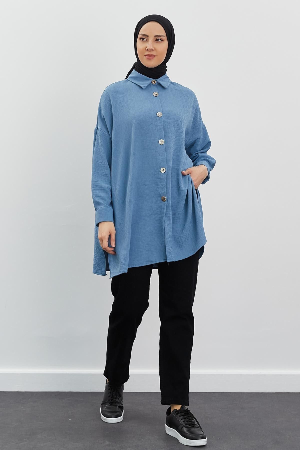 Yırtmaçlı Oversize Gömlek Indigo