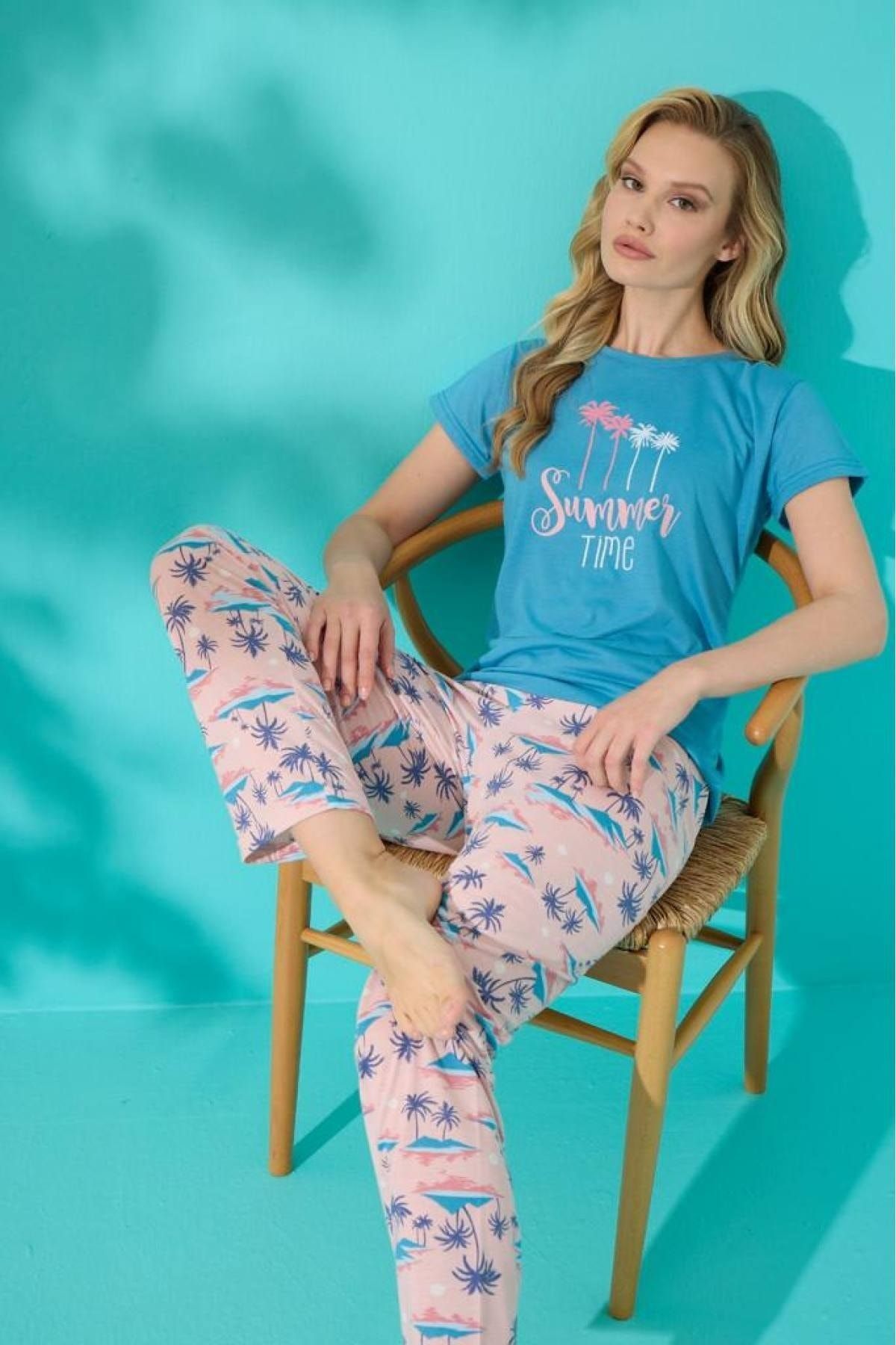 Meba Women\'s Short Sleeve Bottom Long Printed Pajama Set - Trendyol