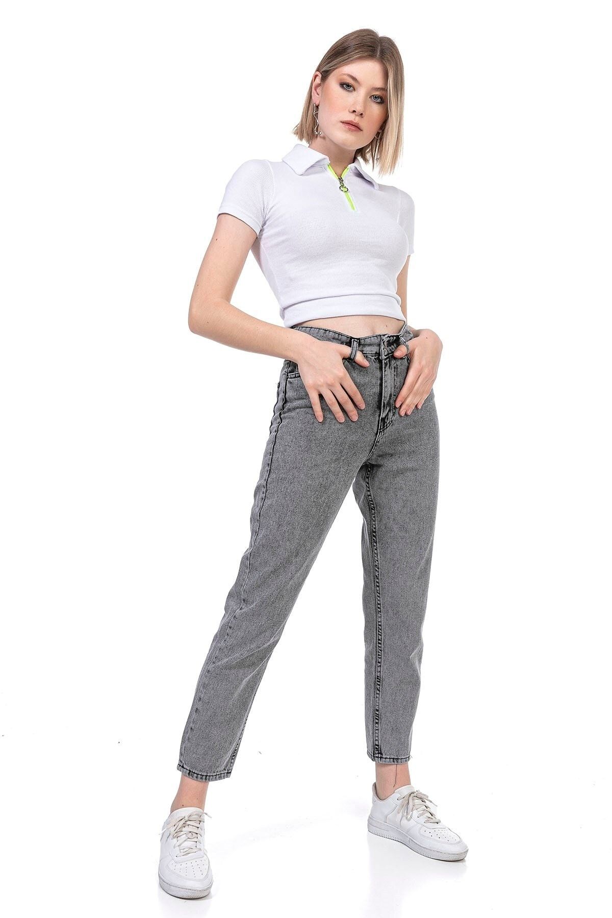 Trn JNS Medusa Talie Înaltă, Gri Snow Mom Pantaloni Denim Lycra Colorfast Gri Extra Confortabil Mom Jean Femeie - 30