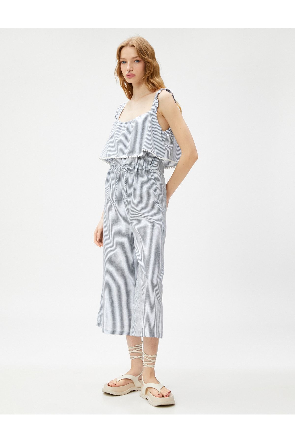 Koton Strappy Jumpsuit Ruffle Detailed Lace Waist Linen Blend