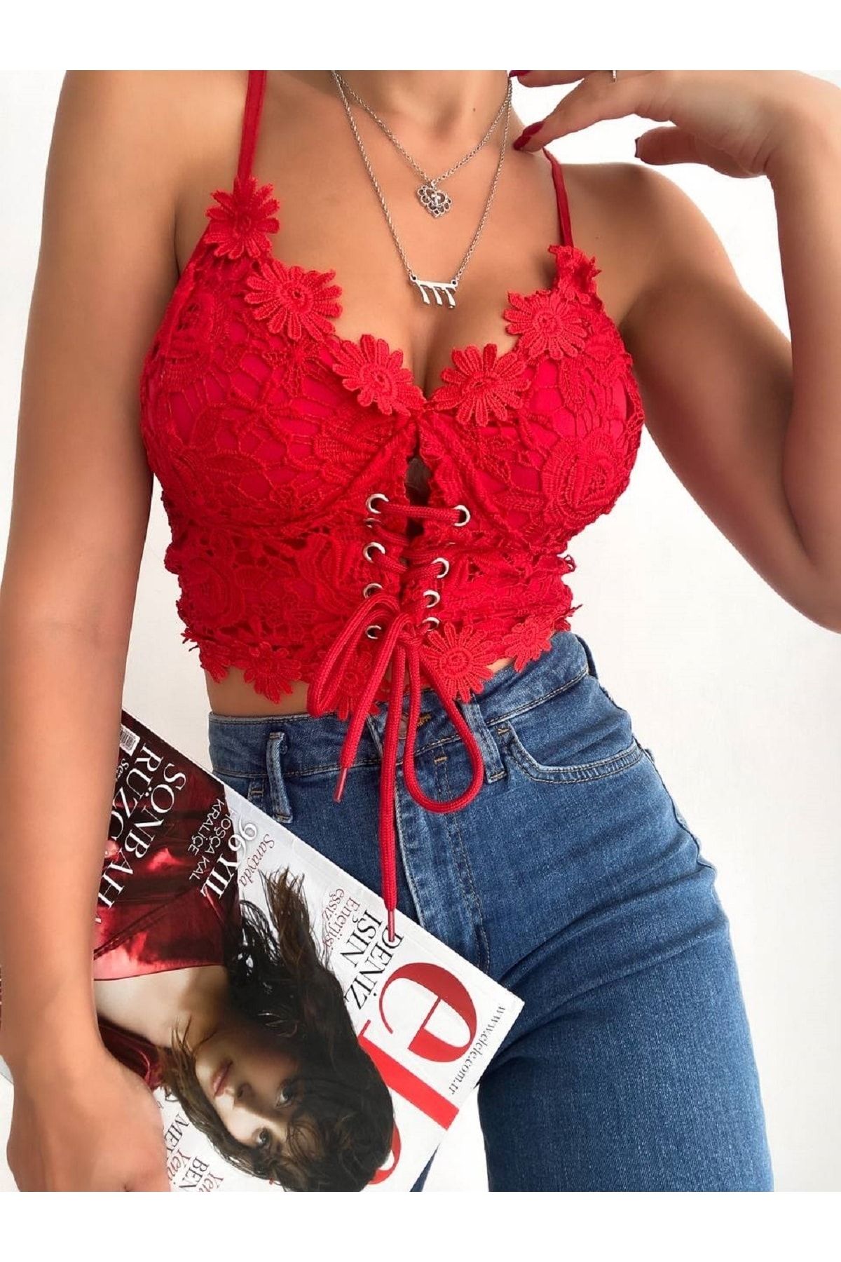 Dark Lavish Women's Red Stylish Crop Bustier with Rope Detail on the Front,  Zipper on the Back, Straps and Lace - Trendyol