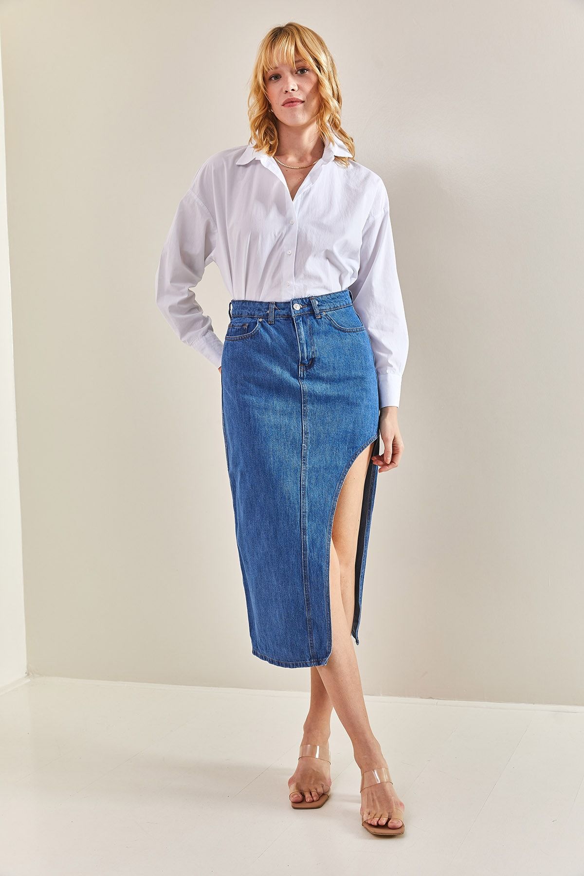 Side split denim top midi skirt topshop