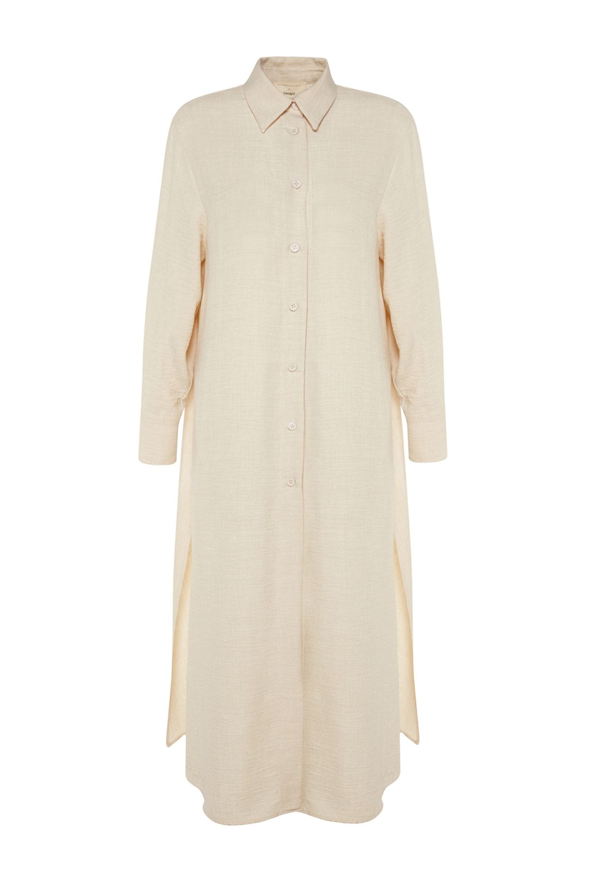 Trendyol Modest-X Kevser Sarıoglu bézs hosszú szőtt ing oldalsó hasított zsebbel TCLSS23TG00000 7