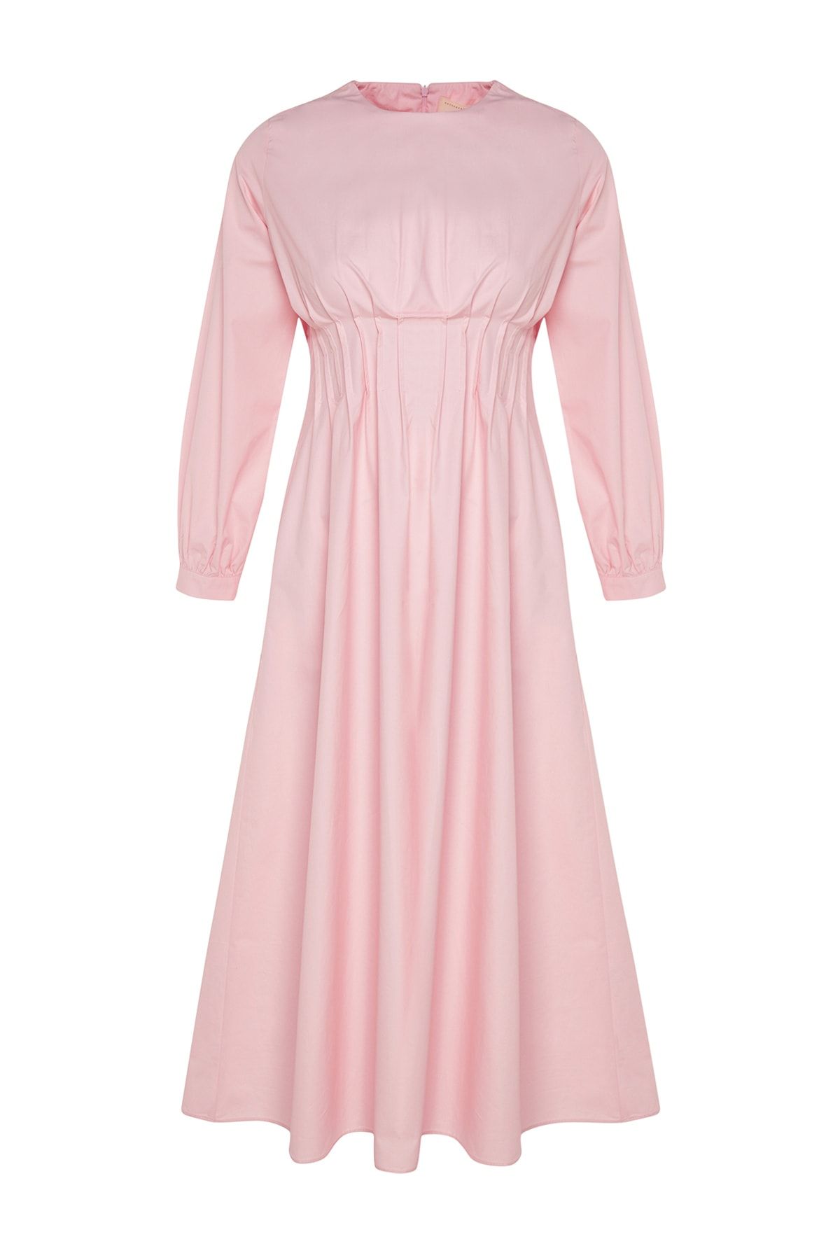 Trendyol Modest-X Kevser Sarıoglu Puderfarbenes, geripptes Kleid mit Taschendetails aus 100 % Baumwollpopeline TCLSS23EB00005 6