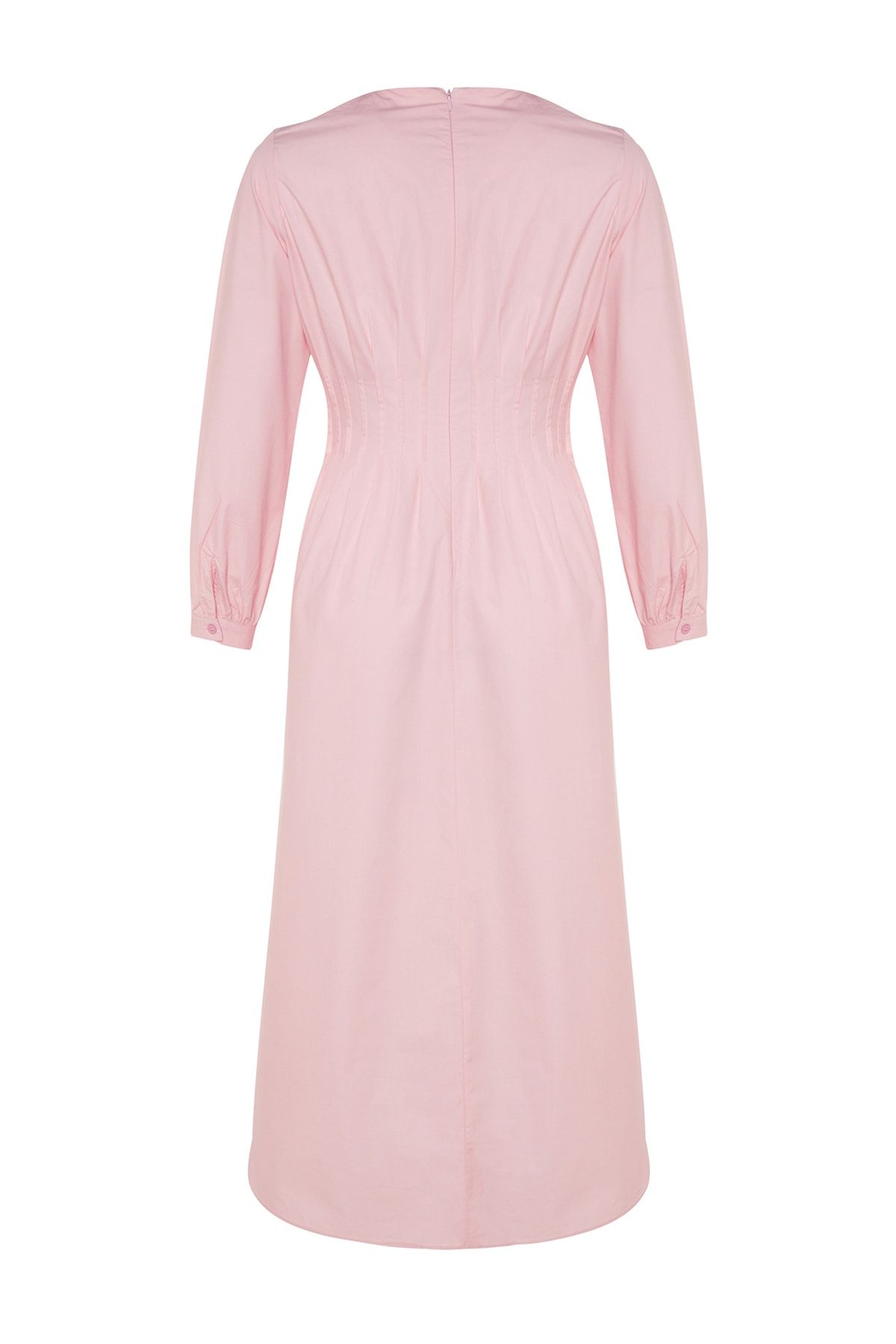 Trendyol Modest-X Kevser Sarıoglu Puderfarbenes, geripptes Kleid mit Taschendetails aus 100 % Baumwollpopeline TCLSS23EB00005 8