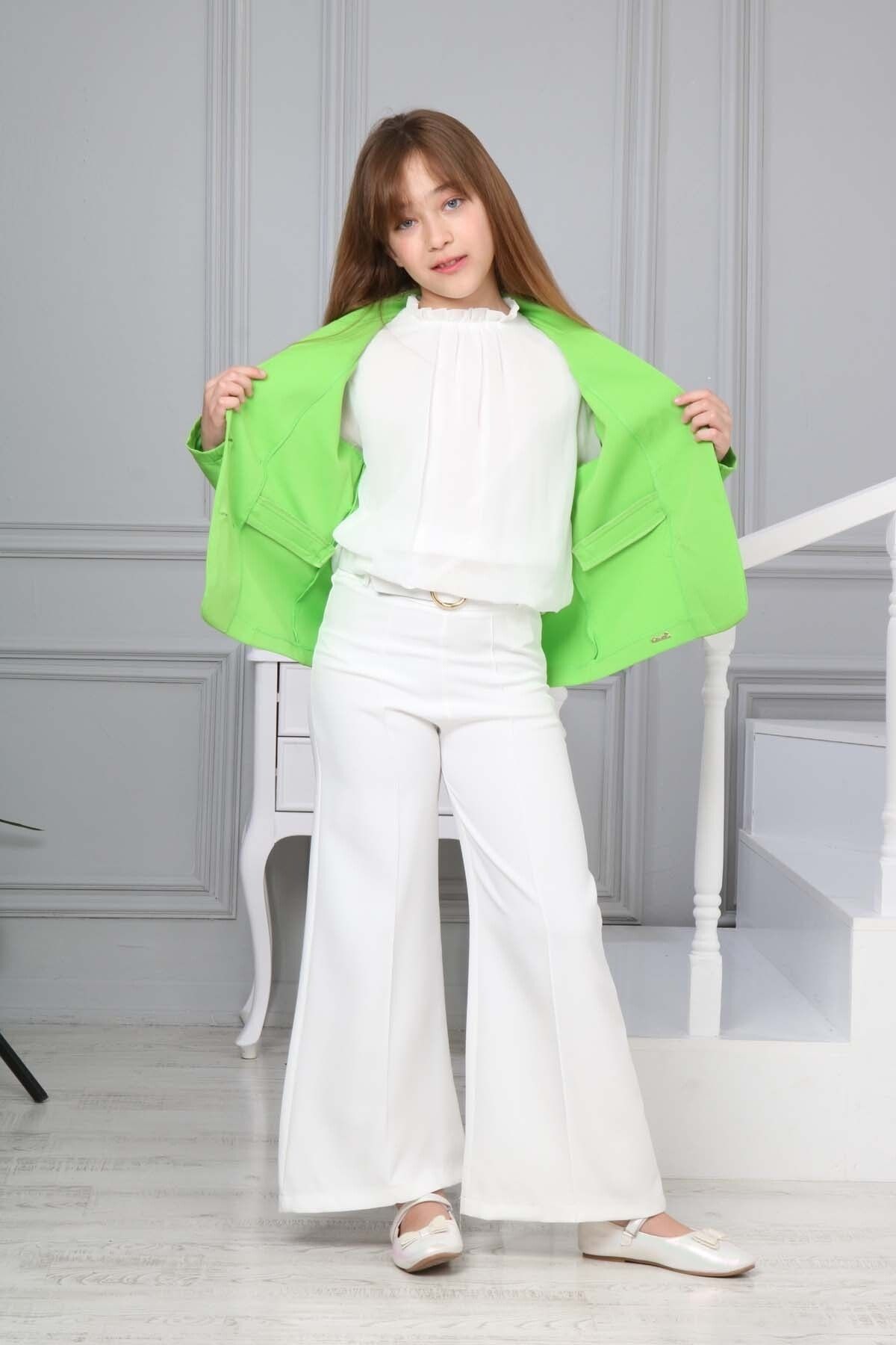 Asortix Girl s Chiffon Shirt Wide Leg Trousers Blazer Jacket Combination Festive Special Day Suit