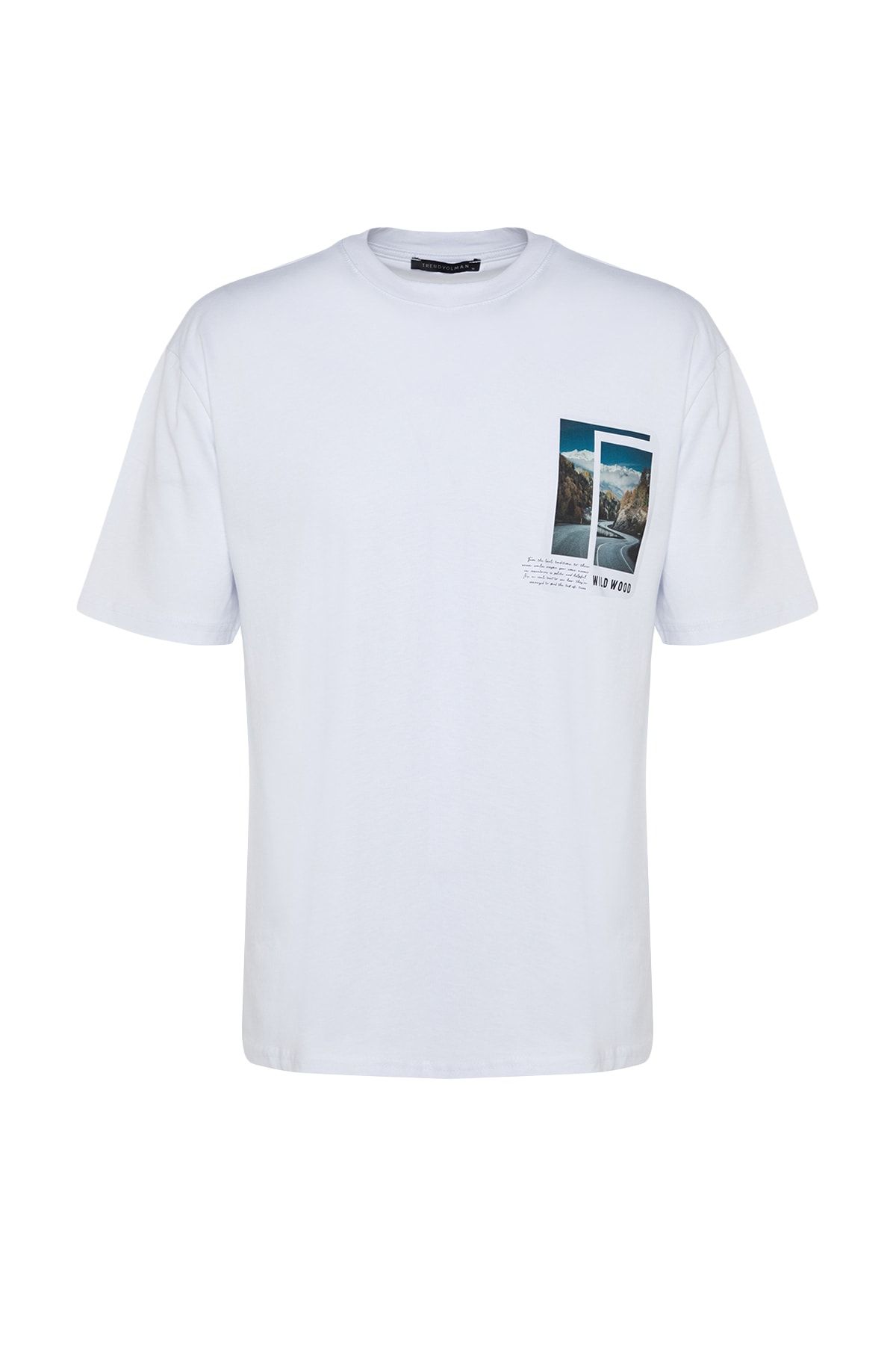 Trendyol Collection-Λευκό μπλουζάκι με κοντό μανίκι Oversize/Wide Cut Landscape με στάμπα 100% βαμβάκι TMNSS23TS00242 6