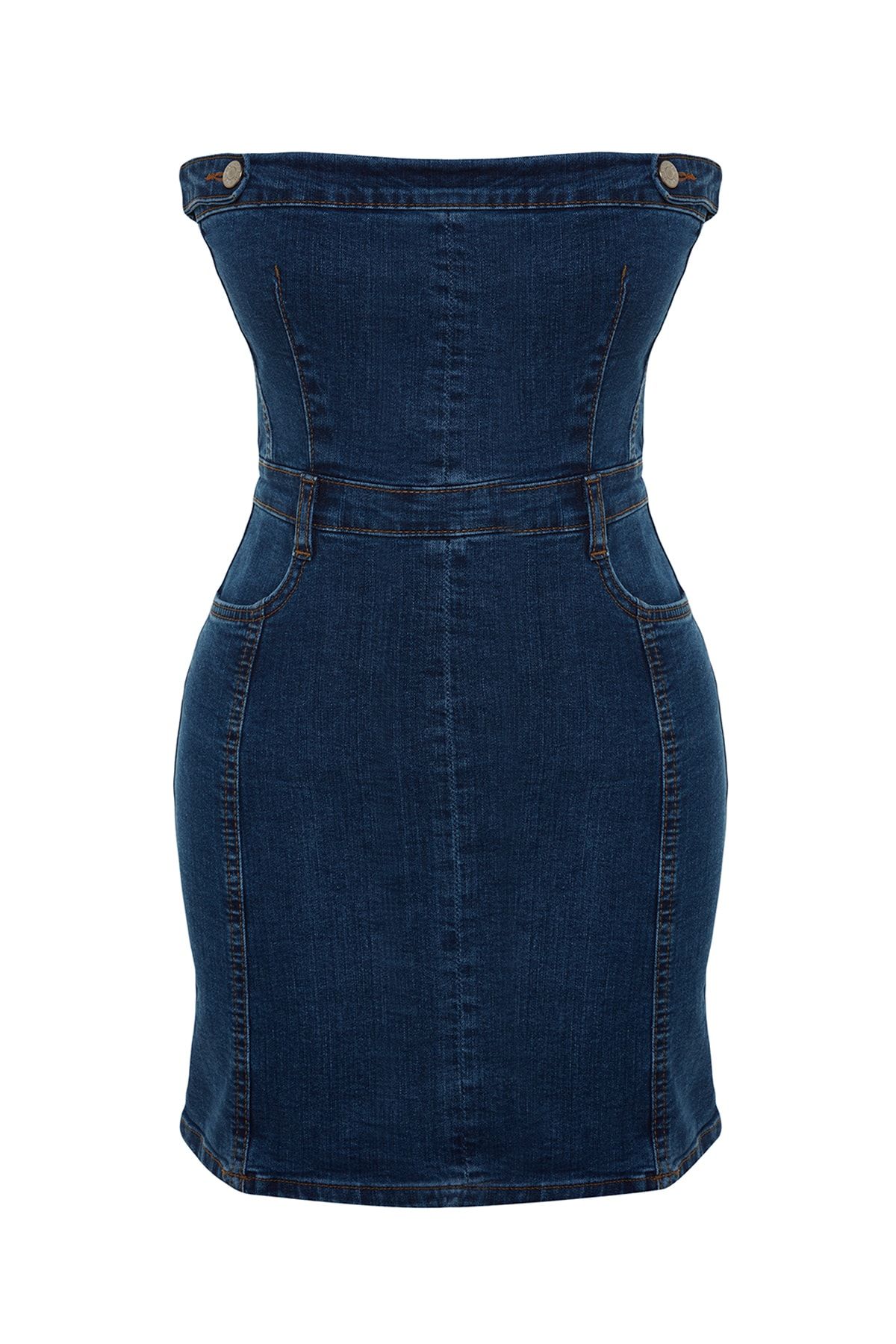 Trendyol Collection-Blaues, trägerloses Mini-Jeanskleid mit Knopfdetail in limitierter Auflage TWOSS23EL01731 6