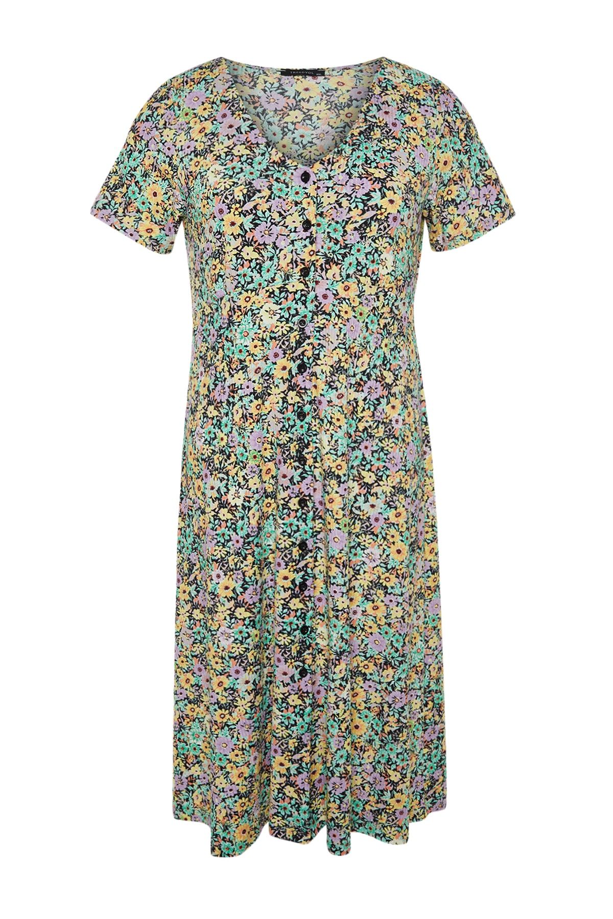 Trendyol Curve-Різнобарвна сукня на ґудзиках з квітковим візерунком Orme Plus Size TBBSS23AH00240 7