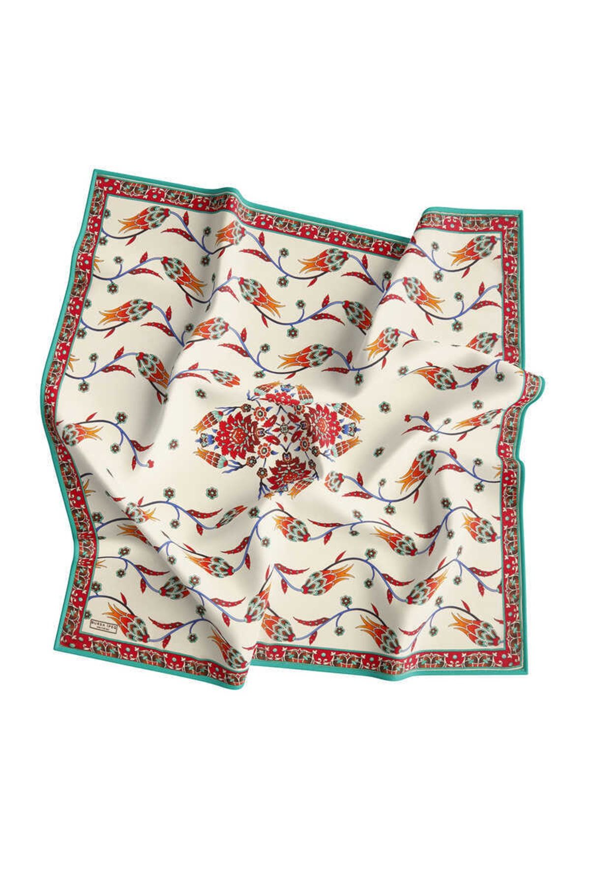 Bursa İpek-Μεταξωτό φουλάρι Ecru Petrol Row Tulip Pattern 3