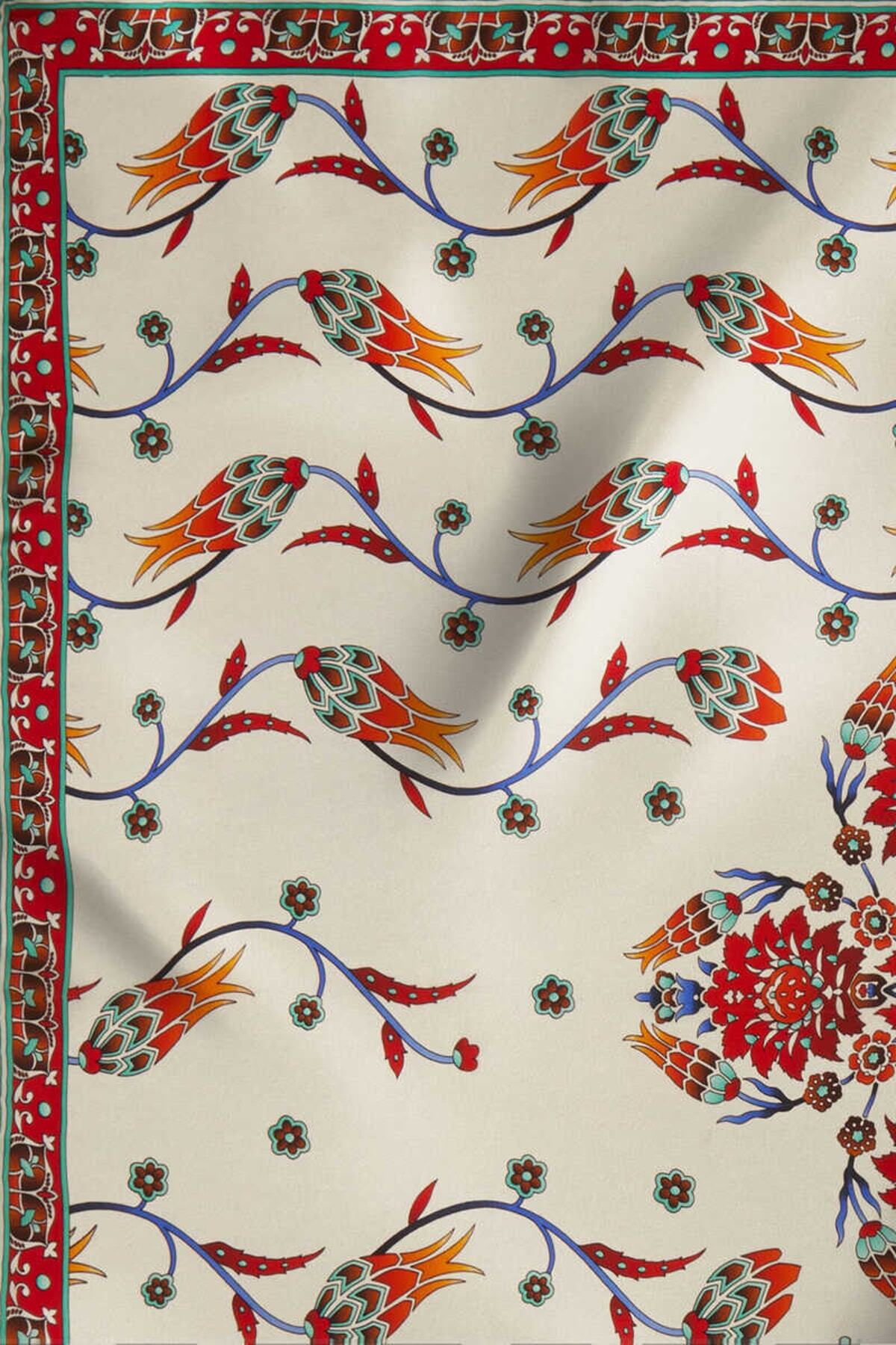 Bursa İpek-Μεταξωτό φουλάρι Ecru Petrol Row Tulip Pattern 4