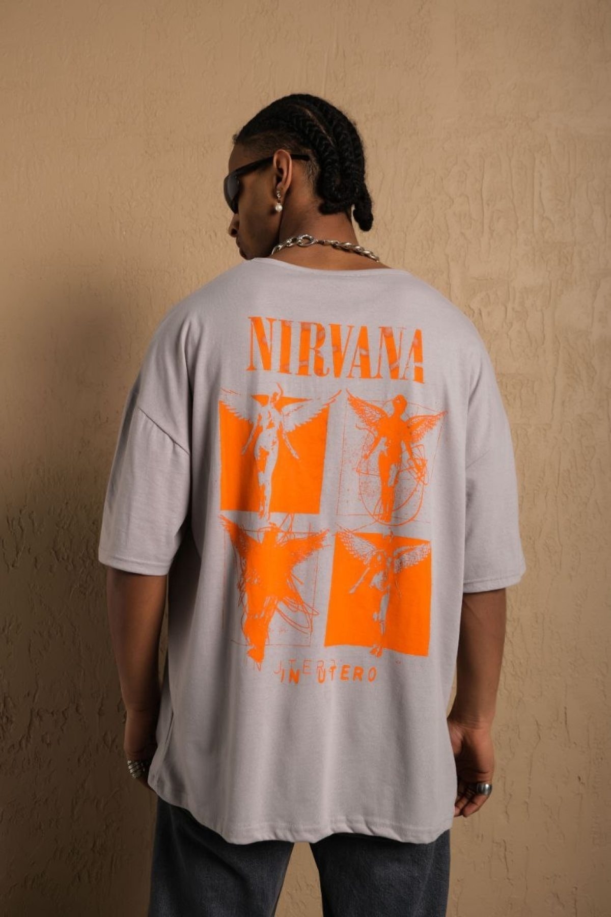 Nirvana Baskılı Oversize %100 Pamuk Unisex Gri T-shirt