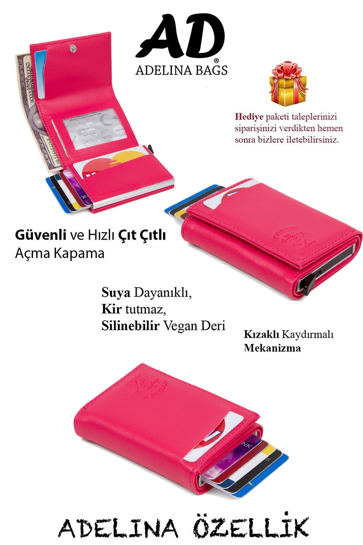 Newish Adelina Fuşya Nova Deri Mekanizmalı Otomatik Kızaklı Kartlık Cüzdan (7X10CM) görsel 2