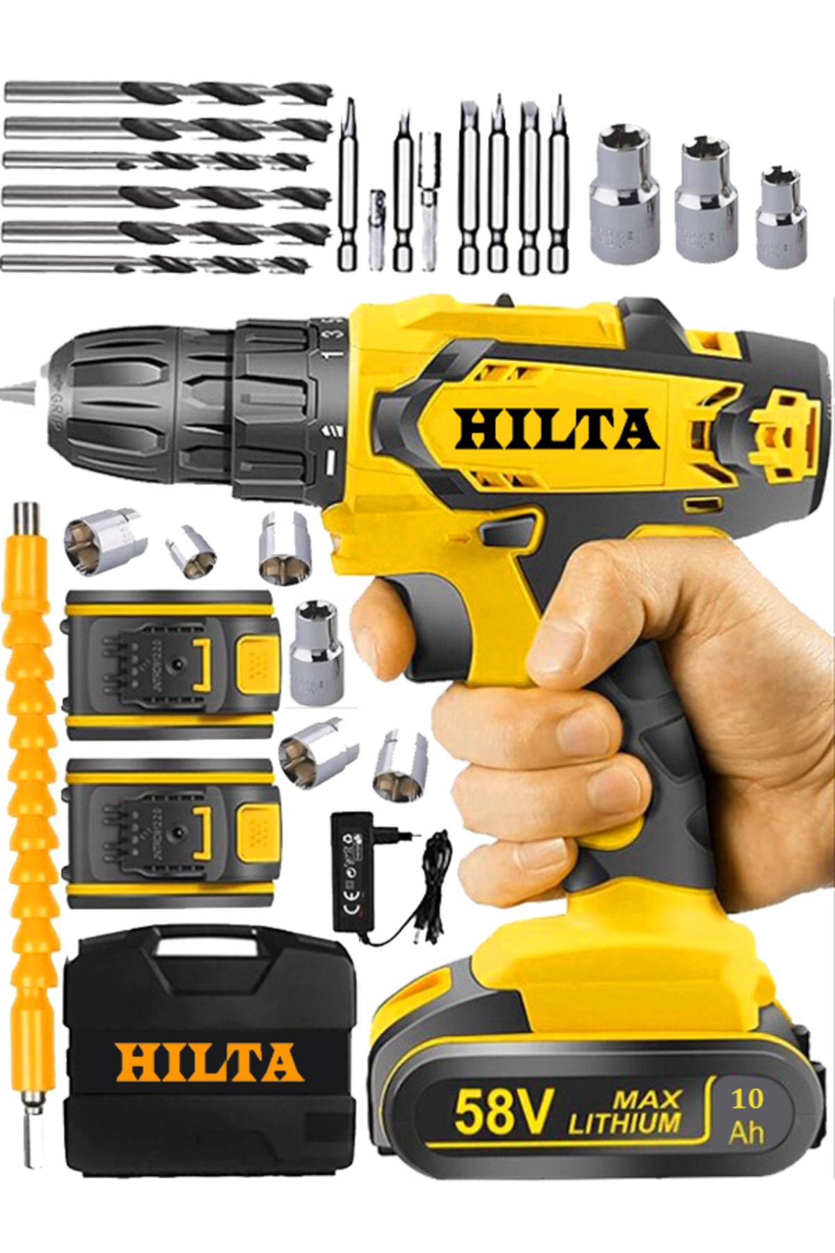 Hilta Power Alman Teknolojisi 58 V 10 Ah Ağır Hizmet Çift Akülü Şarjlı Vidalama Delme Matkap Tam Profesyonel
