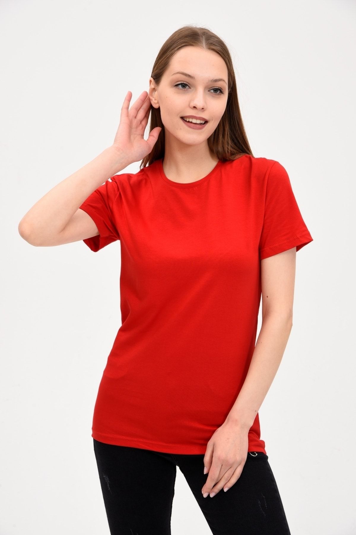 GENIUS Damen-Basic-T-Shirt mit Rundhalsausschnitt in Trendyol Rot 