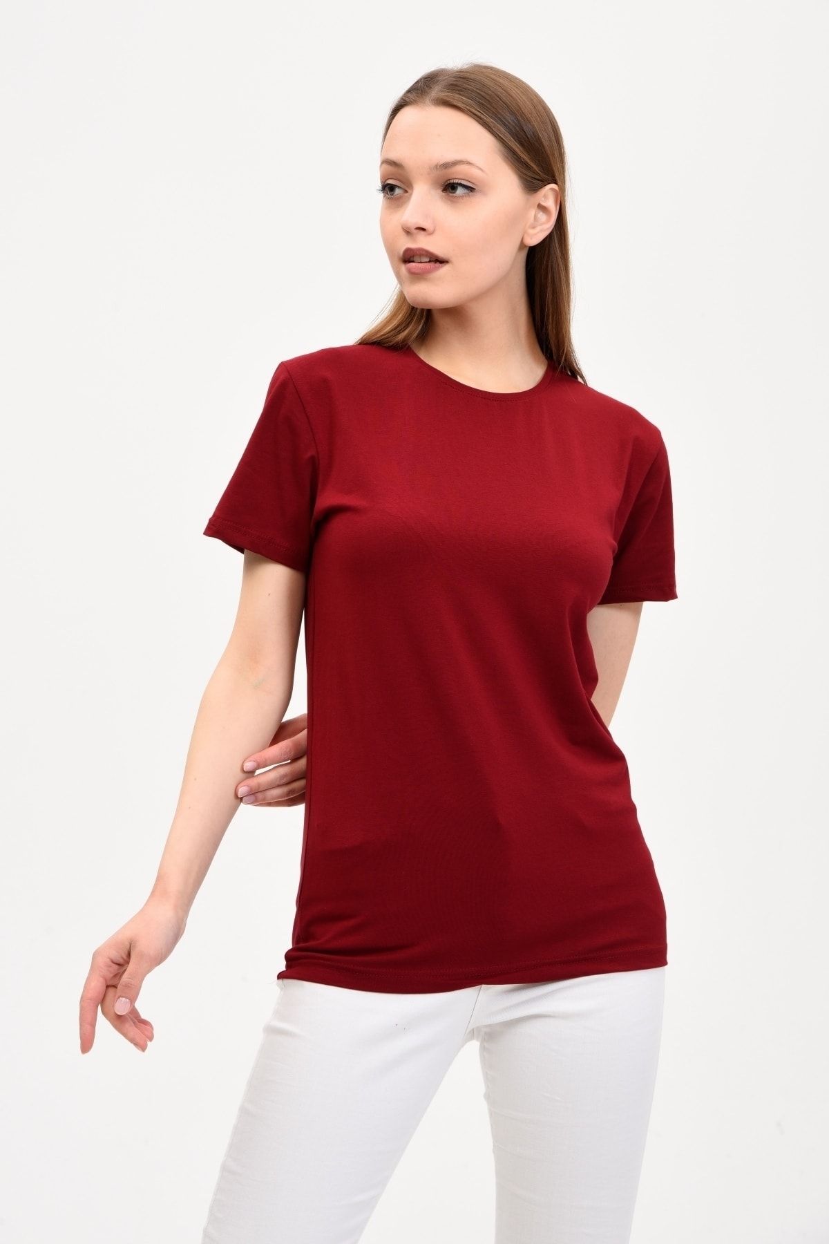 Weinrot Damen-Basic-T-Shirt GENIUS - Trendyol Rundhalsausschnitt in mit