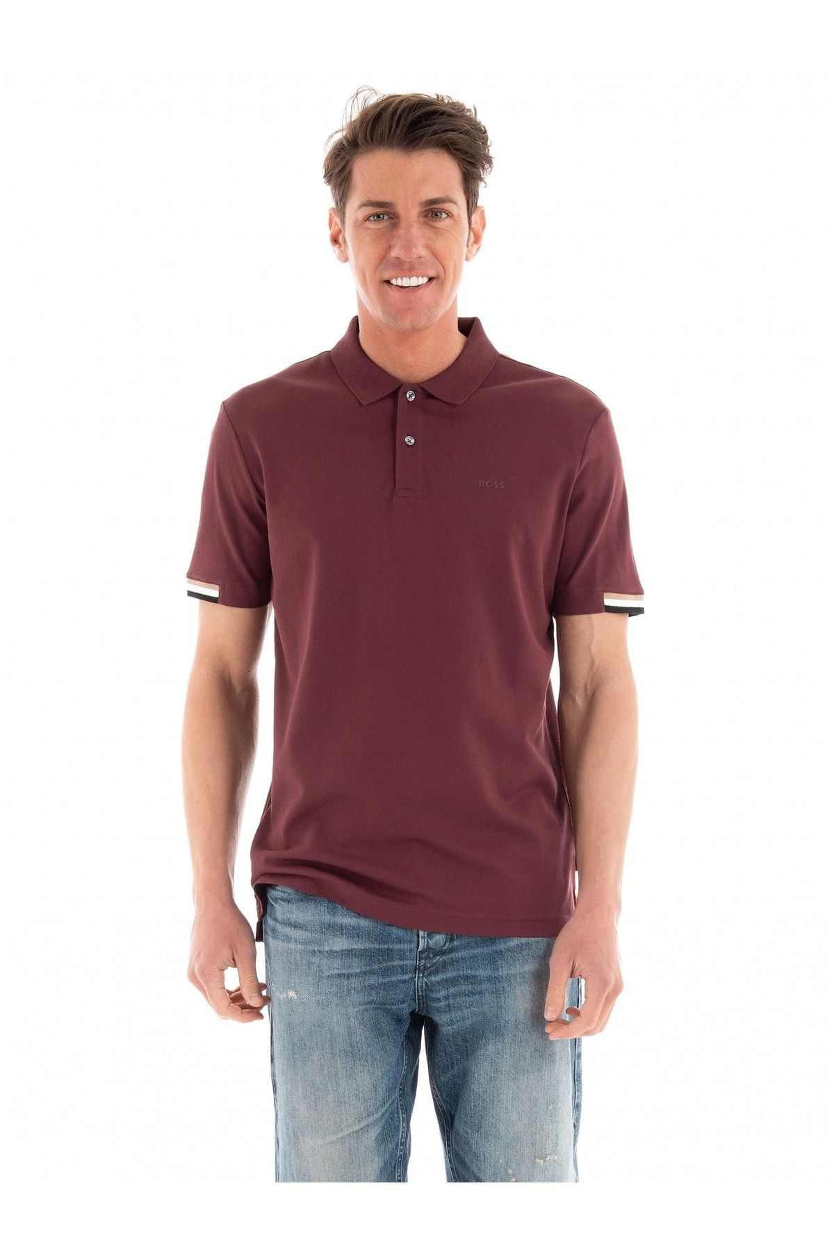 BOSS تی شرت مردانه آستین کوتاه با یقه قرمز ساده تناسب معمولی 50467113-601