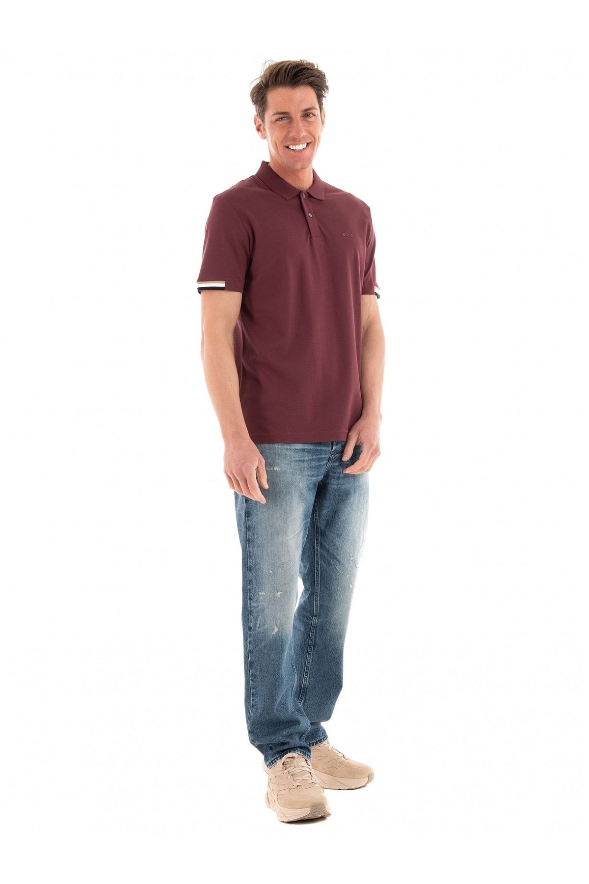 BOSS تی شرت مردانه آستین کوتاه با یقه قرمز ساده تناسب معمولی 50467113-601