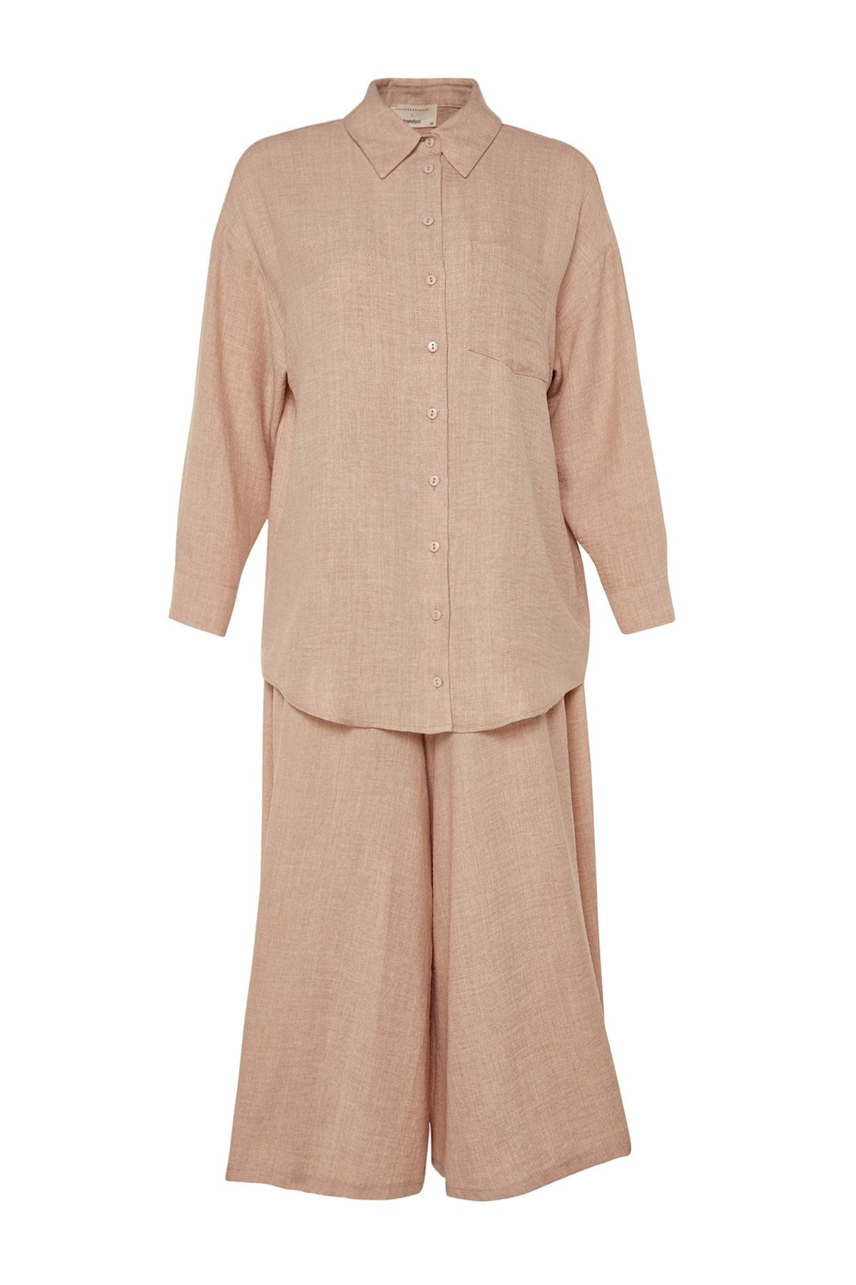 Trendyol Modest-X Kevser Sarıoglu Set cămașă-pantalon țesut Camel cu picioare largi TCLSS23US00001 6