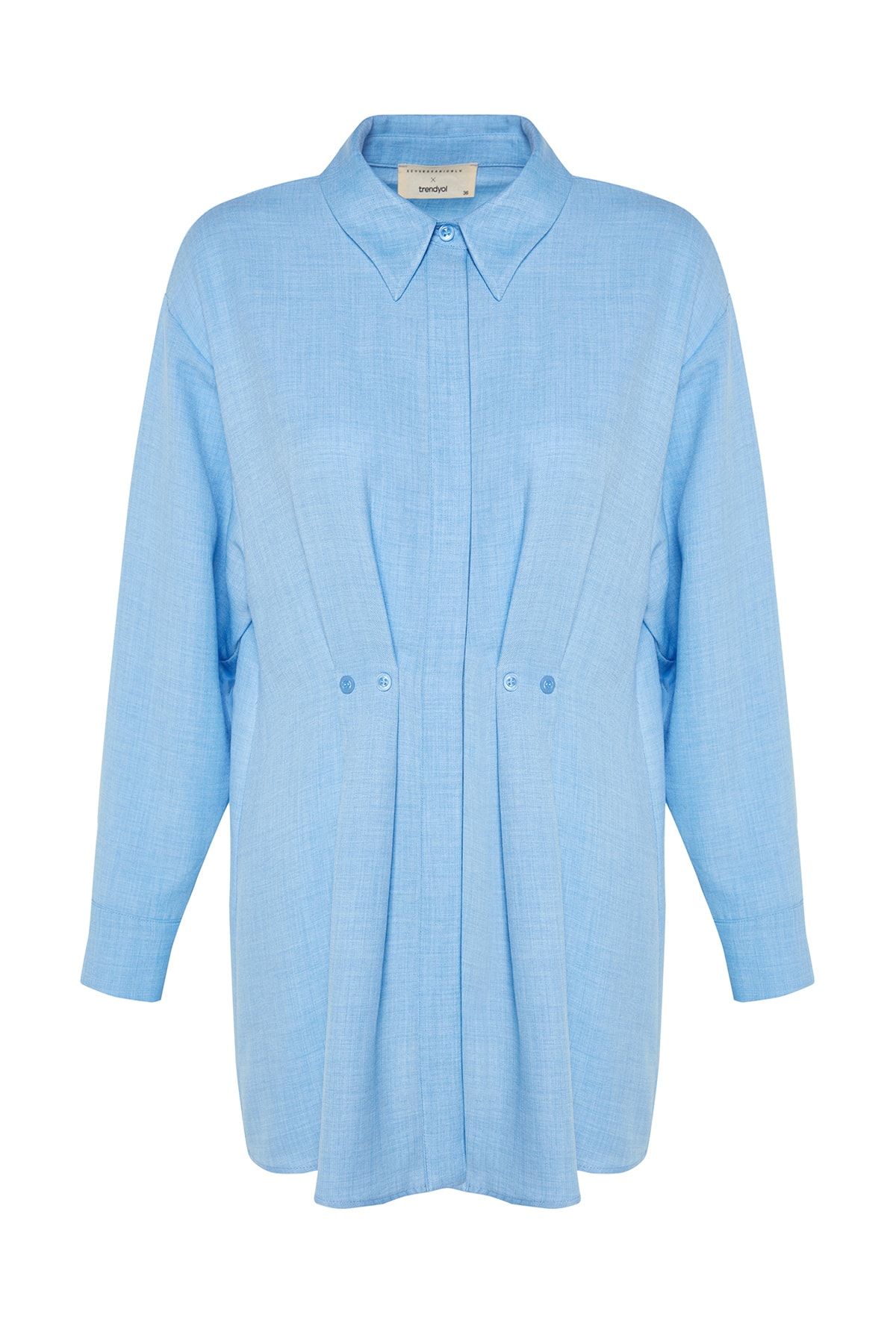 Trendyol Modest-X Kevser Sarıoglu Blaues, plissiertes, gewebtes Hemd TCLSS23TG00007 6
