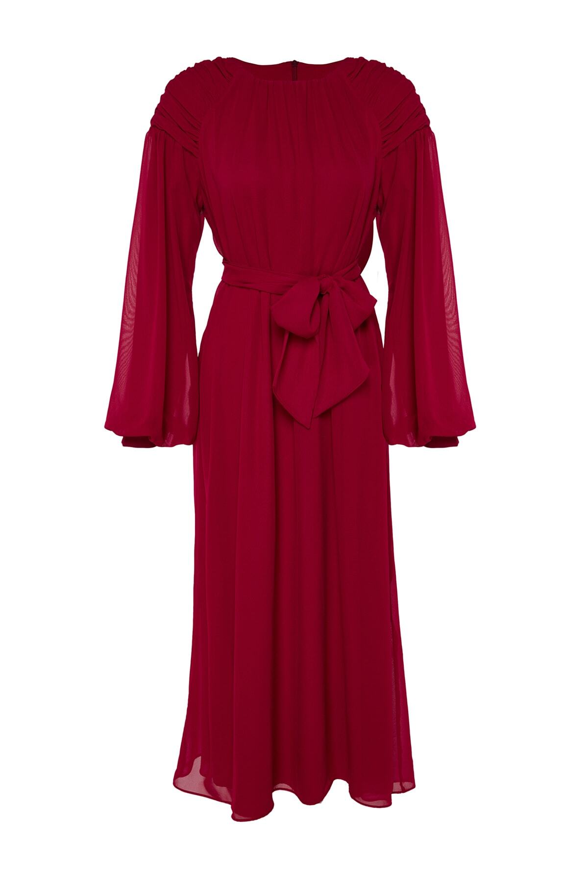 Trendyol Modest-X Kevser Sarıoglu Fuchsia Shoulder Drape Detailed Belted Chiffon Evening Dress TCLSS23DB00005 6
