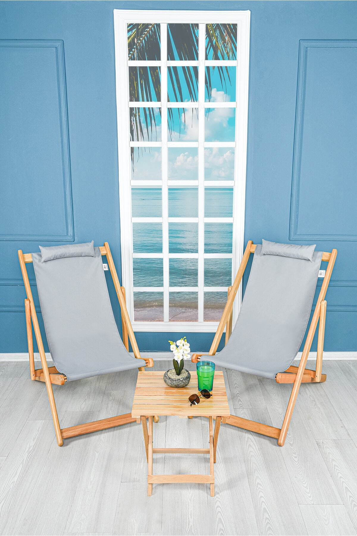 Wooden Garden Set Folding Chaise Lounge Set of 3 (GREY)