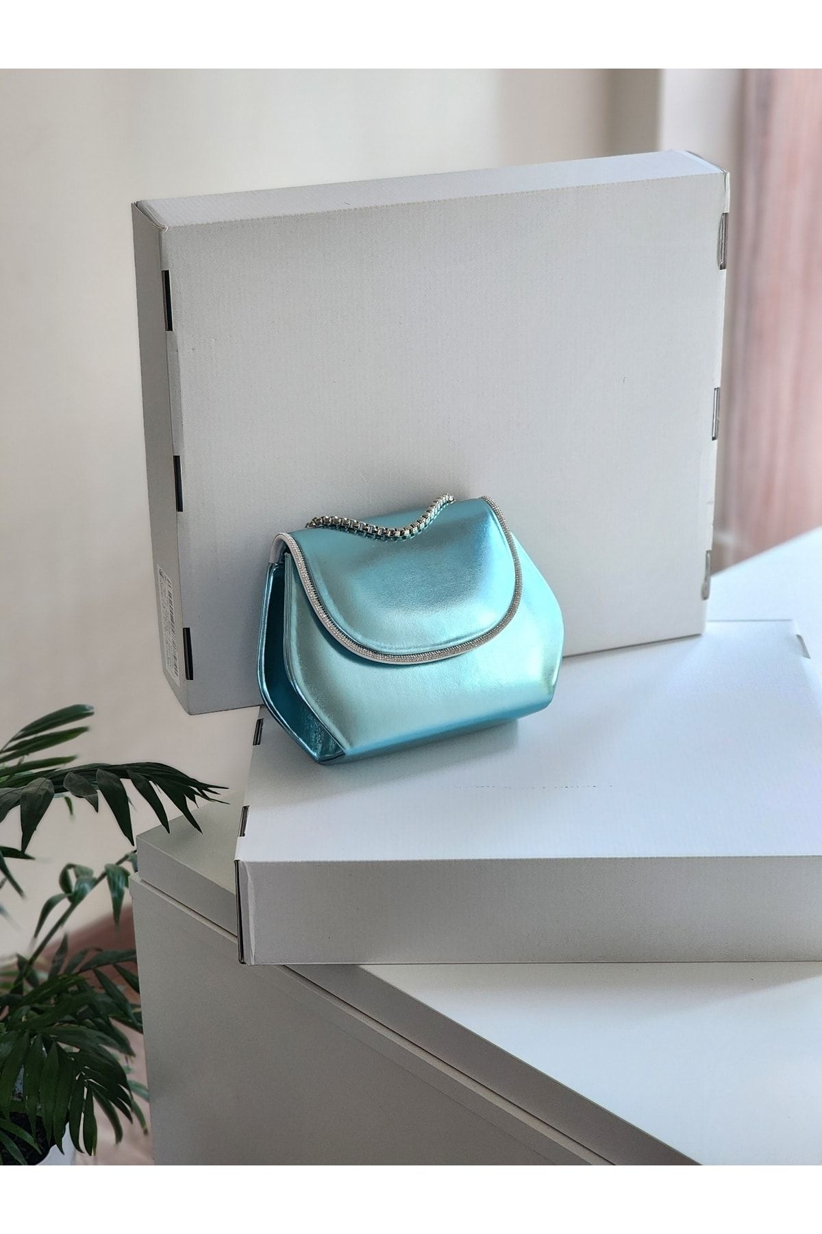 Moom Bag Women s Turquoise Shiny Leather Stone Shoulder Bag Trendyol