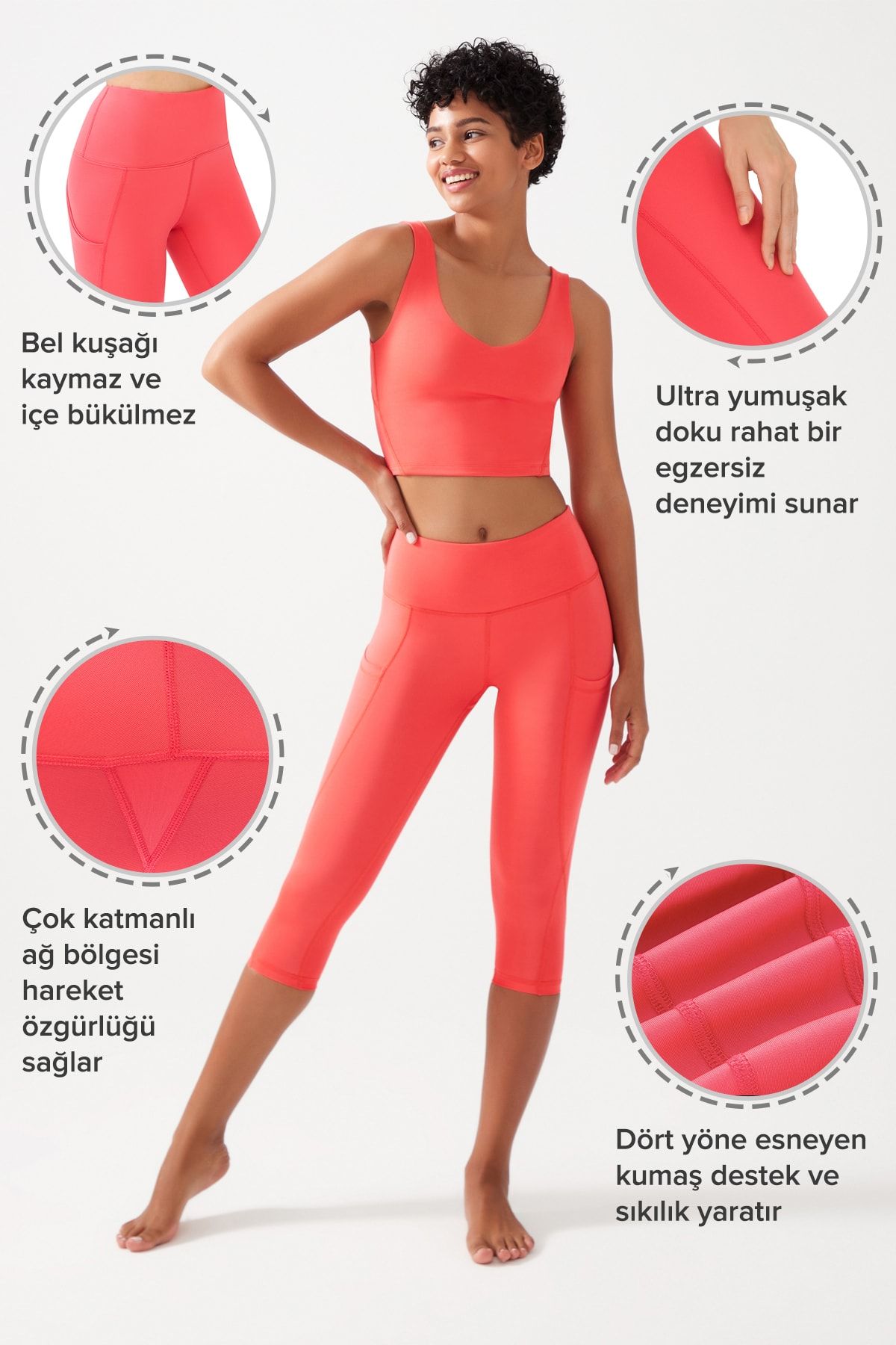 Los Ojos-Dámske koralové Capri legíny Capri s vysokým pásom, vyhladzujúce dvojité vrecko pod kolená 3