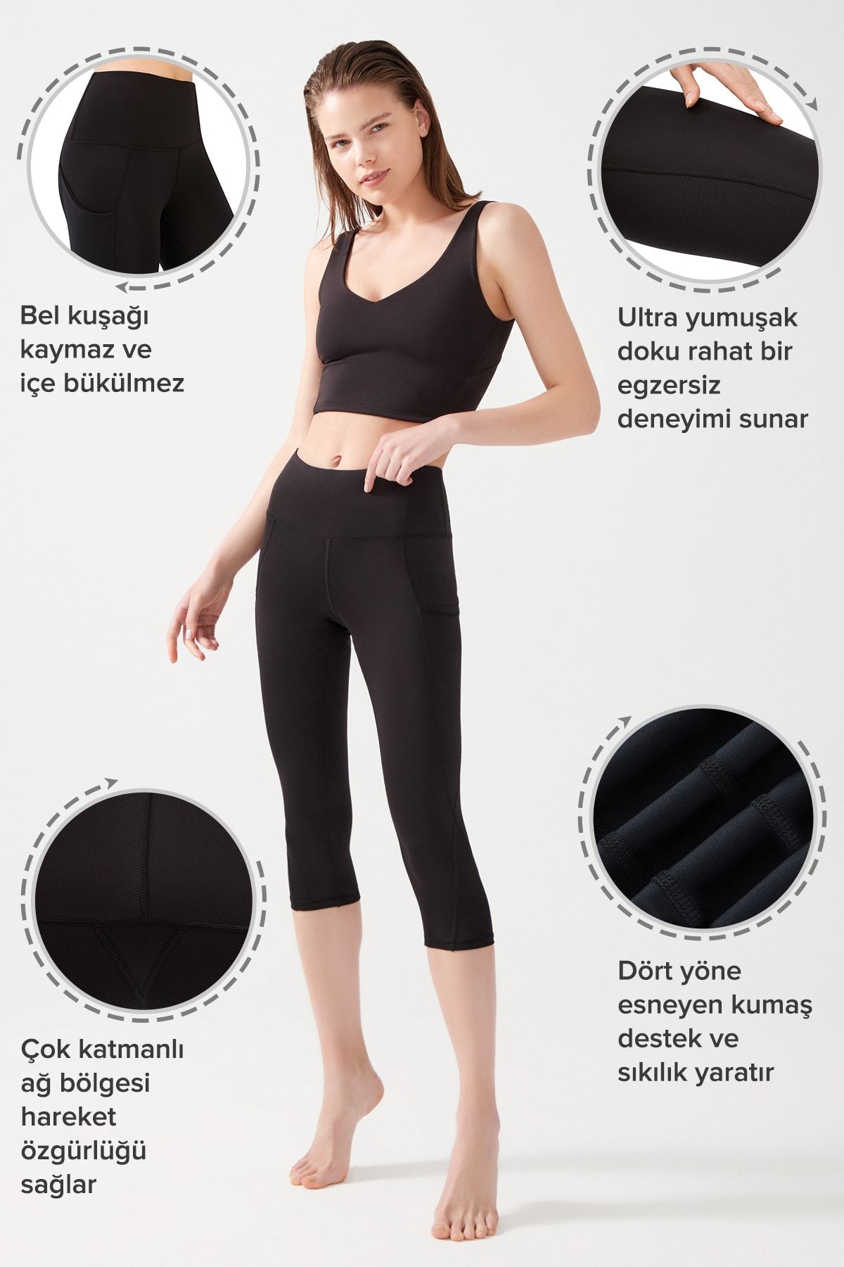 Los Ojos-Schwarze Damen-Capri-Leggings mit hoher Taille und doppelter Tasche unterhalb des Knies 4