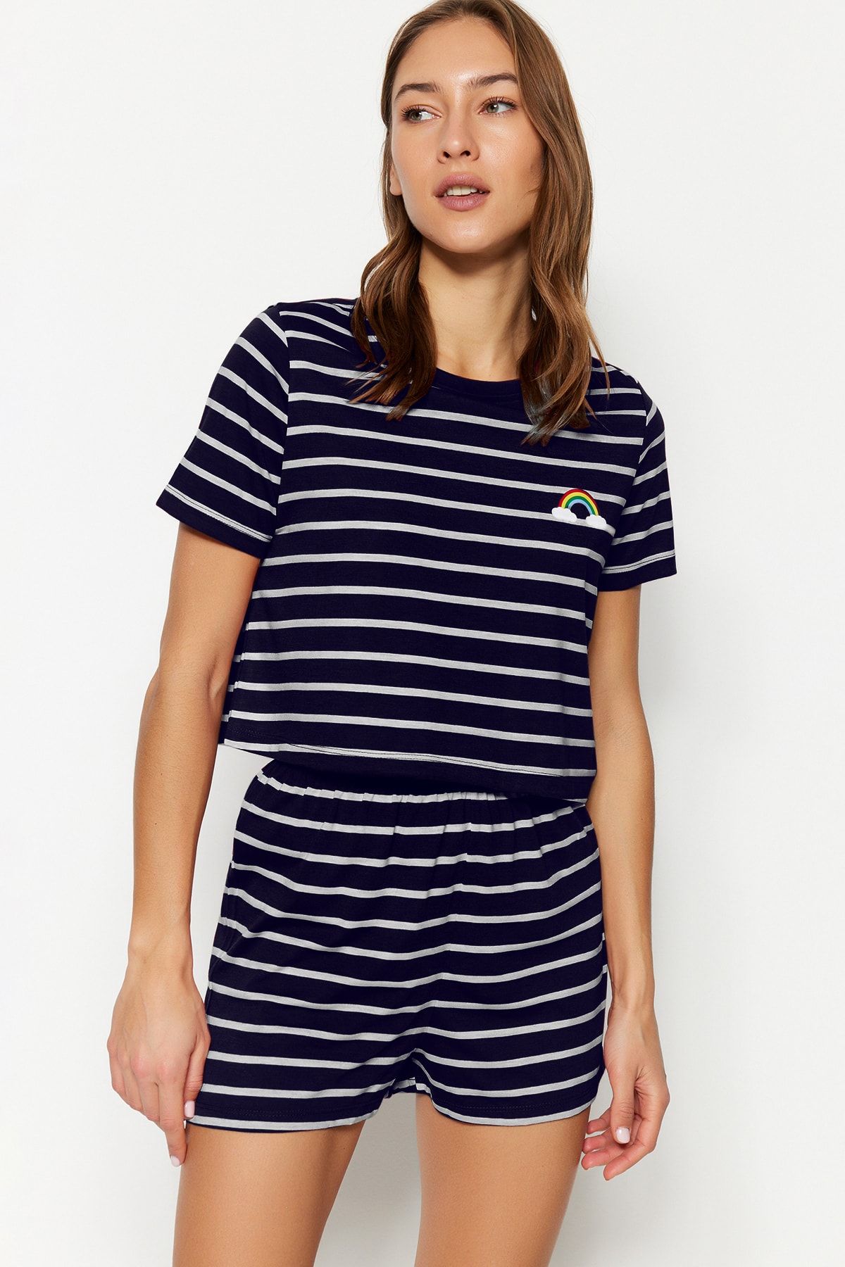 Trendyol Collection Marineblaues, Mit Regenbogen Bedrucktes T-shirt-shorts-strick-pyjama-set für Damen - S
