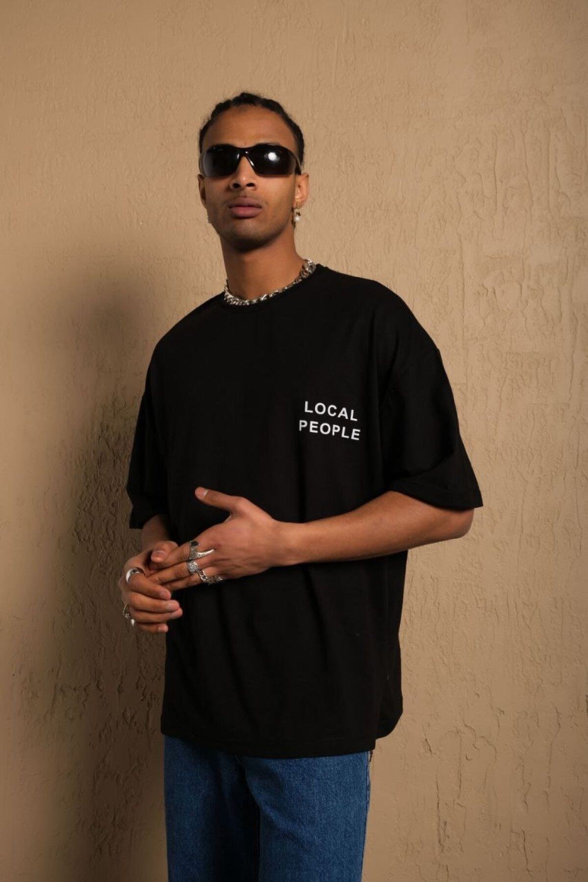 Local People Baskılı Oversize %100 Pamuk Unisex Siyah T-shirt