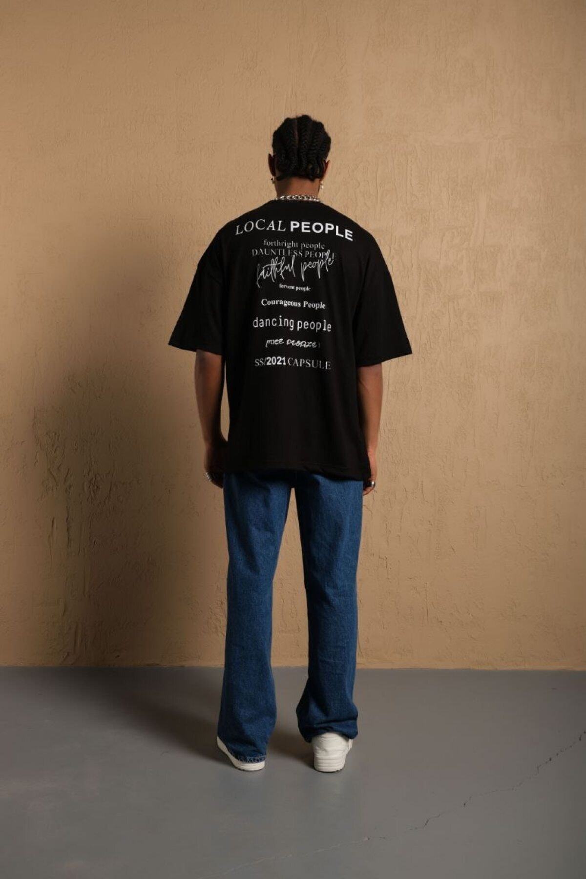 Local People Baskılı Oversize %100 Pamuk Unisex Siyah T-shirt