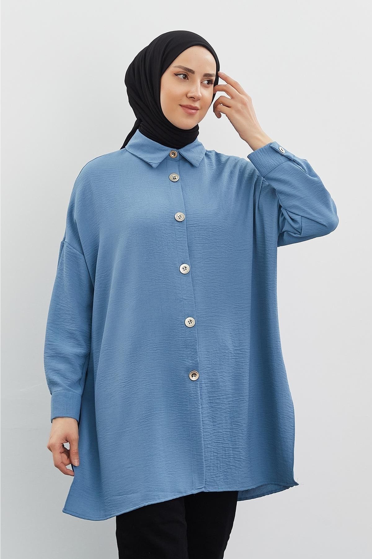 Yırtmaçlı Oversize Gömlek Indigo