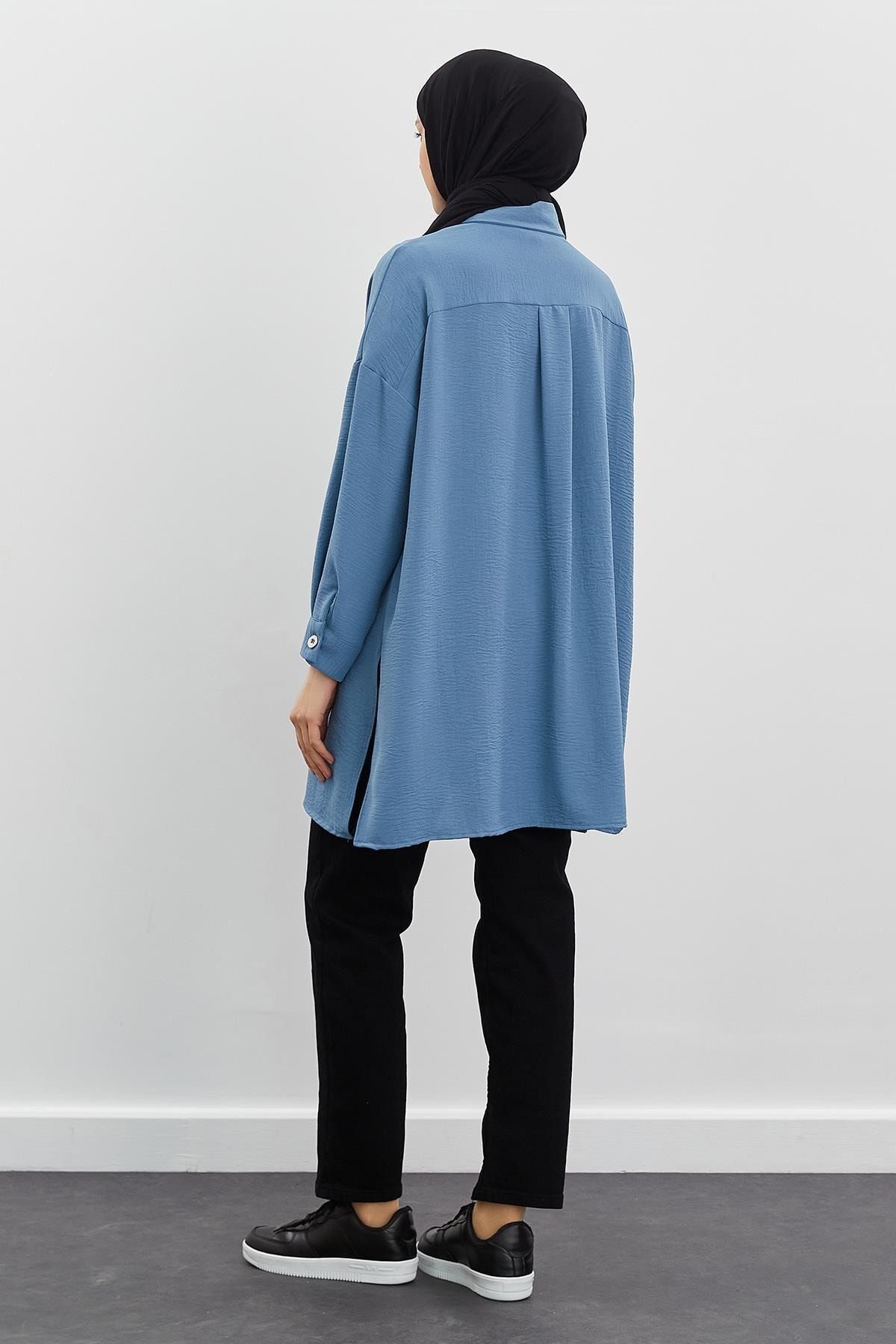 Yırtmaçlı Oversize Gömlek Indigo