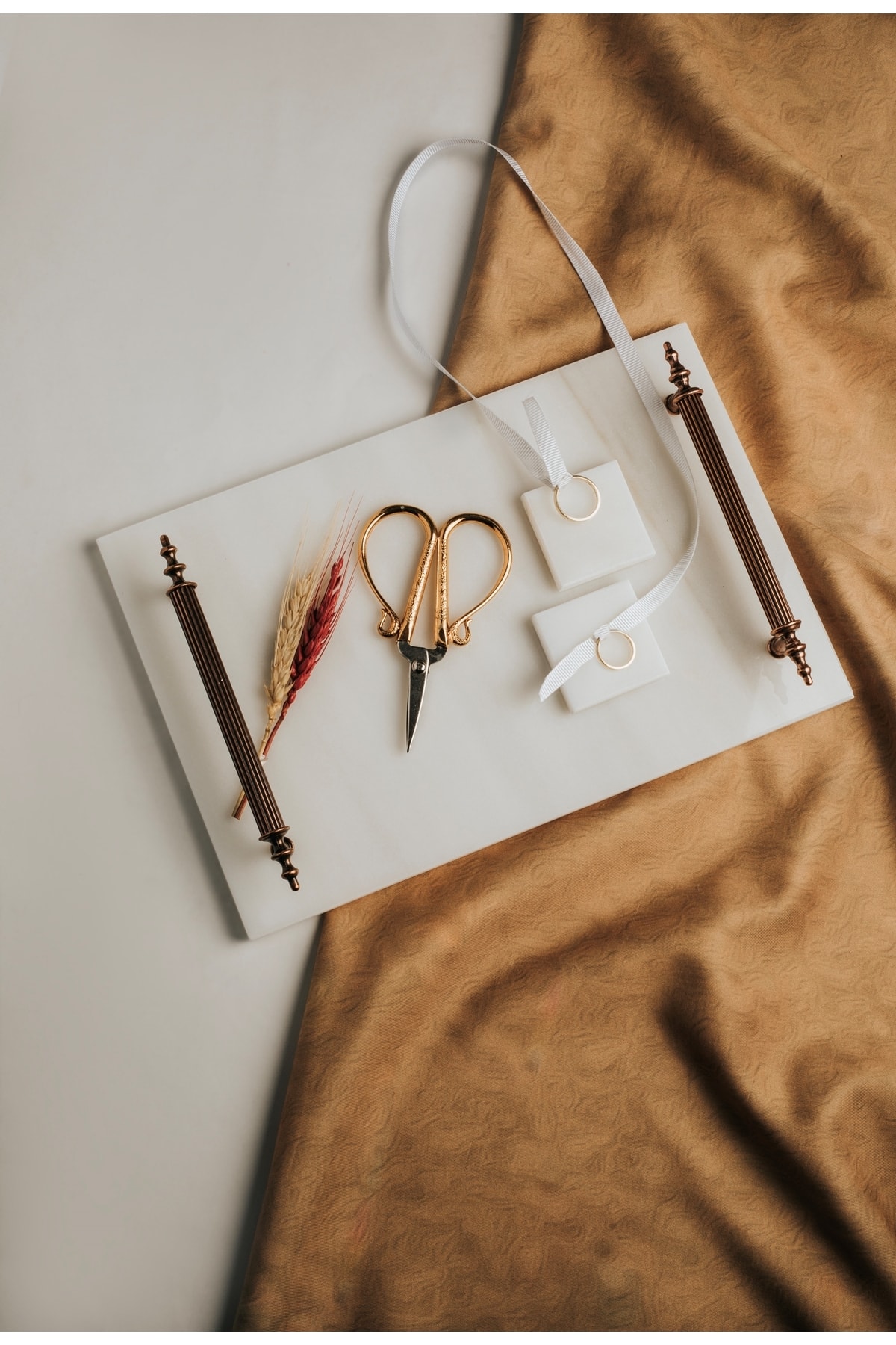 Fine Marble Copper Promise/Engagement Tray, Scissors, 2 Removable Rings, Metal Profile Handle