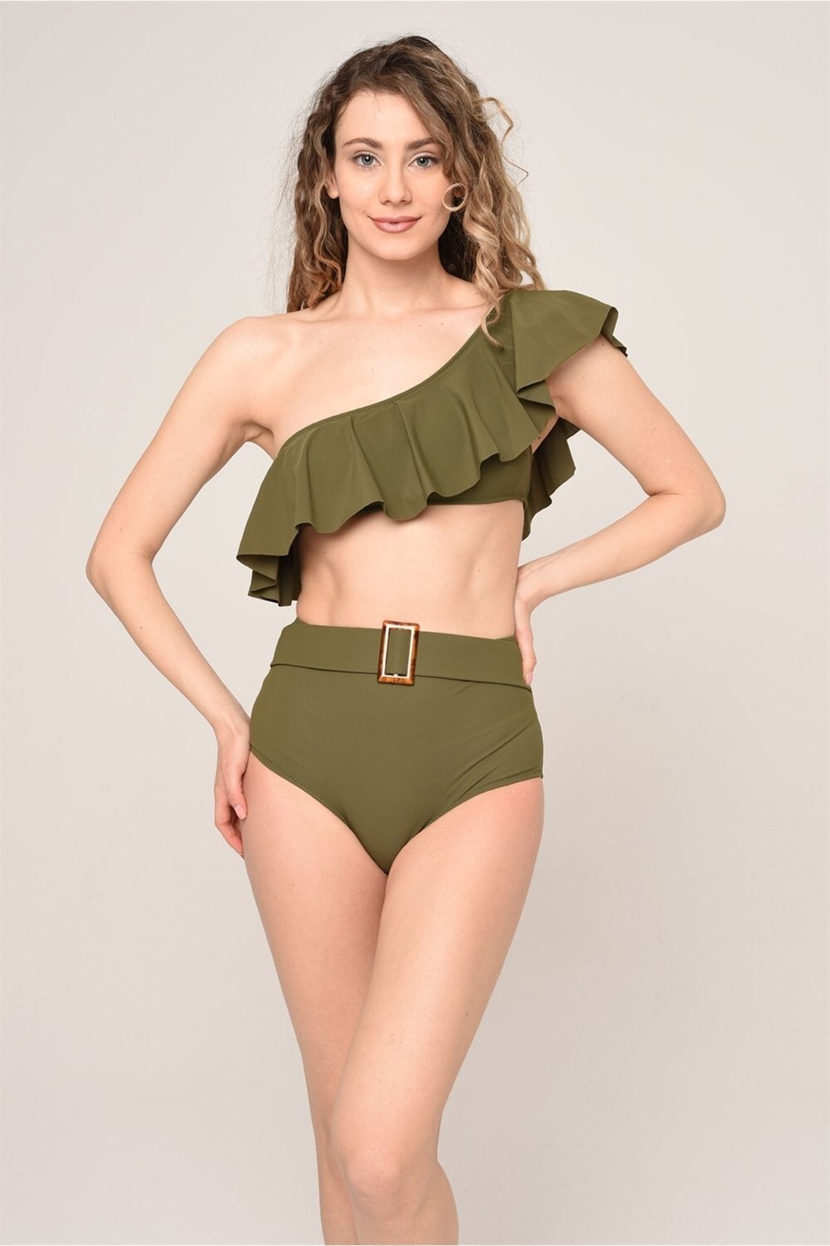 AQUAV VA Women s Khaki High Waist One Shoulder Belted Bikini Set