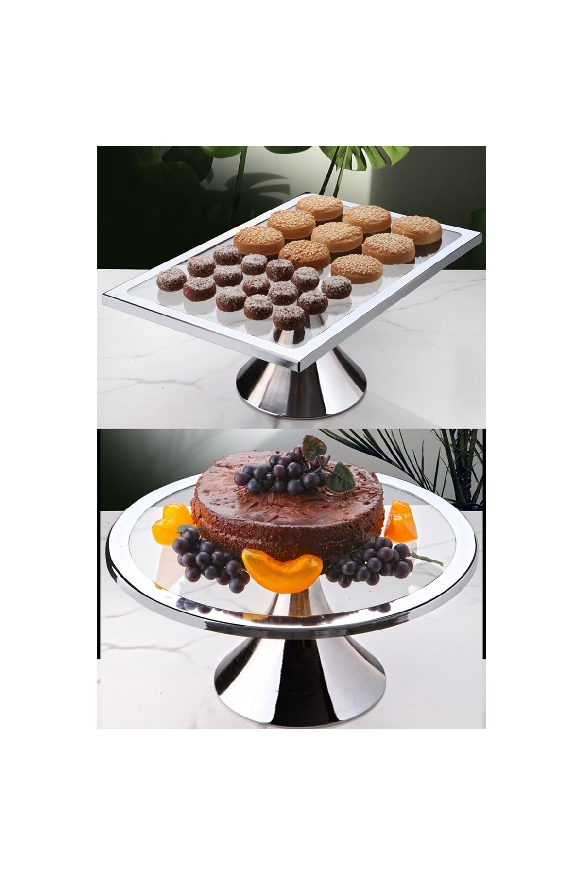2 Pieces Luxury Silver Color Rectangular and Round Footed Cake and Pastry Cookies Presentation Stand Dowry Holder