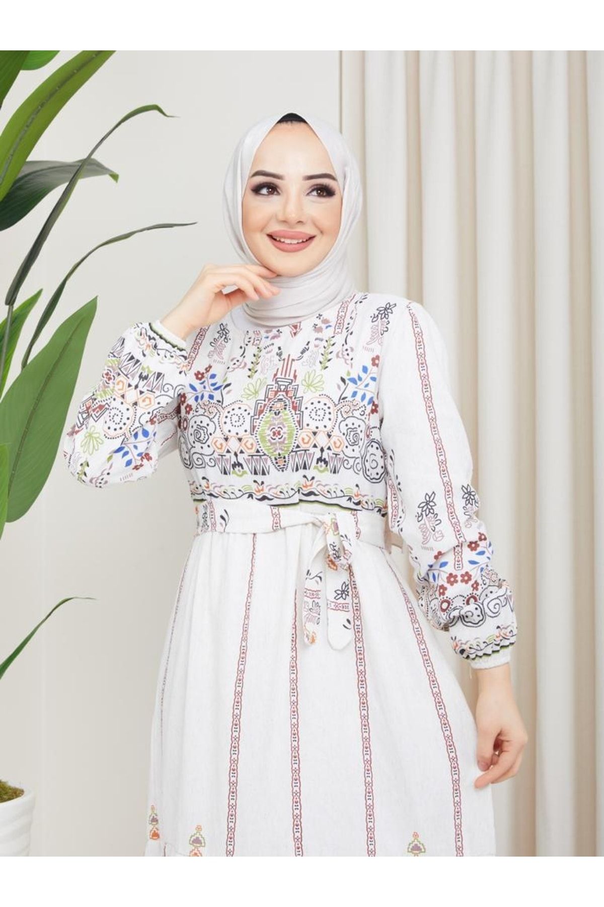 benguen 8181 Patterned Linen Hijab Dress Claret Red Trendyol