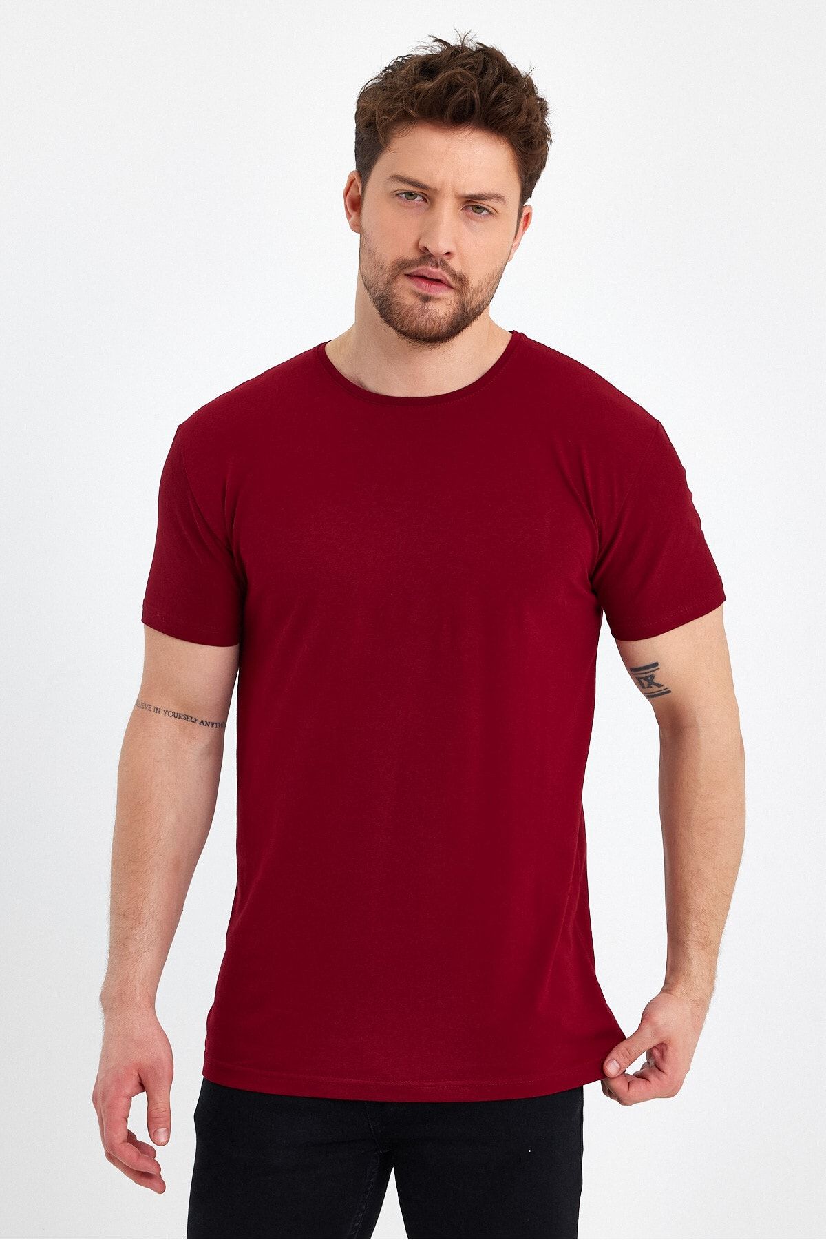 GENIUS Basic-T-Shirt in Weinrot für Herren mit Rundhalsausschnitt - Trendyol