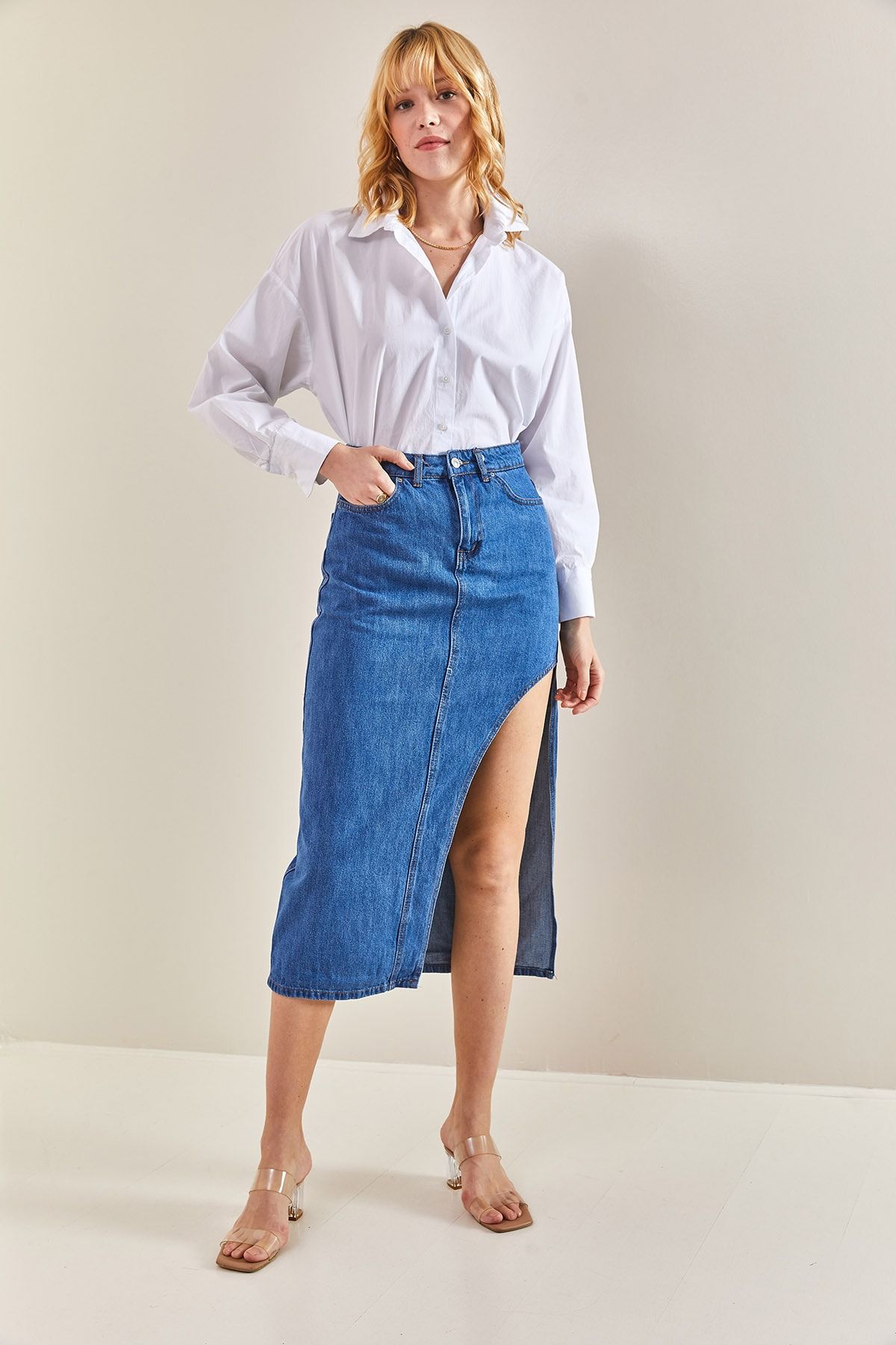 Bianco Lucci Women s Open Side Long Denim Skirt