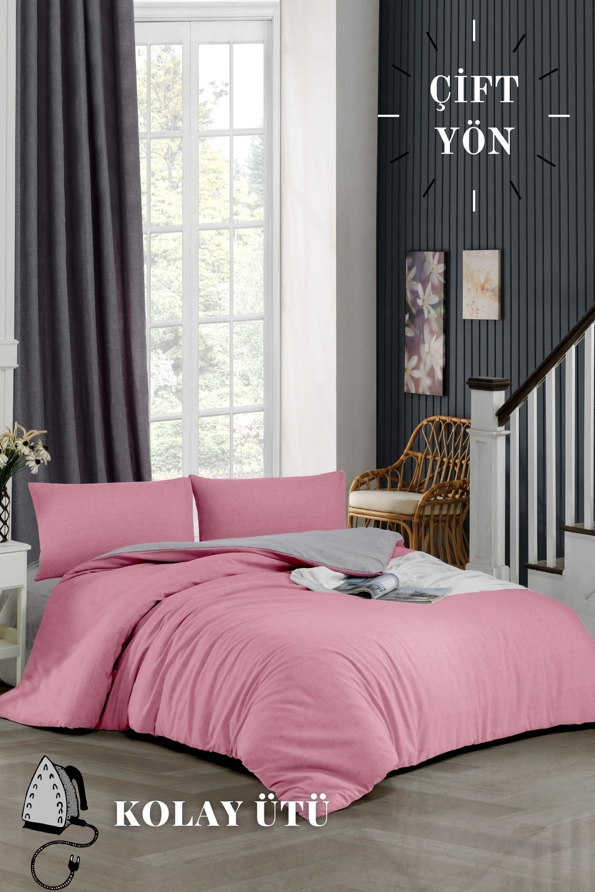 ELY PARKER Kolay Ütü-200x200-çift Kişilik Nevresim Takımı (GRİ LASTİKLİ ÇARŞAF YORGAN KILIFI Y. KILIFI) Pembe