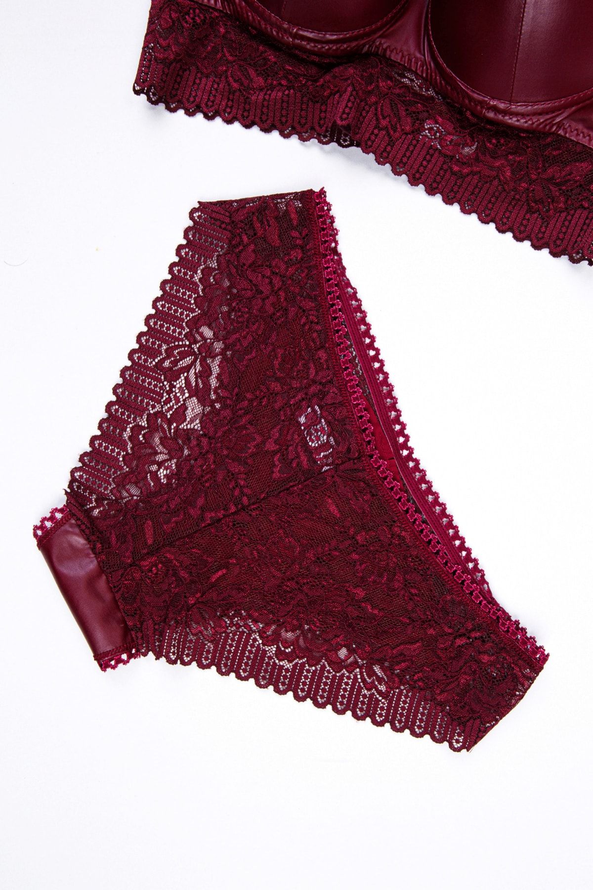 Tılsım Lingerie Burgundy Leather Stringed Lace Unpadded Bra Set