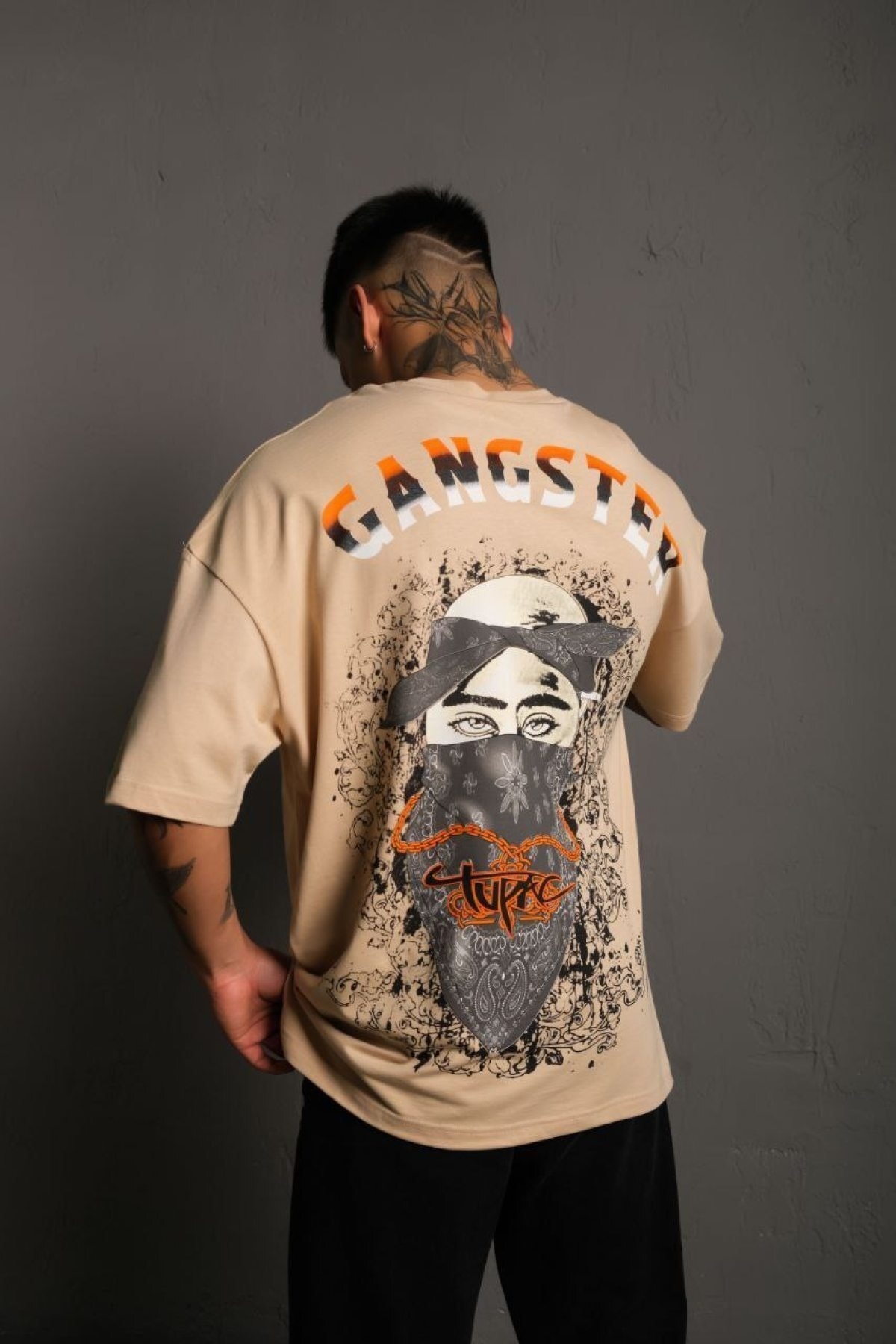 Tupac Gangstrar Baskılı Oversize %100pamuk Unisex Bej T-shirt